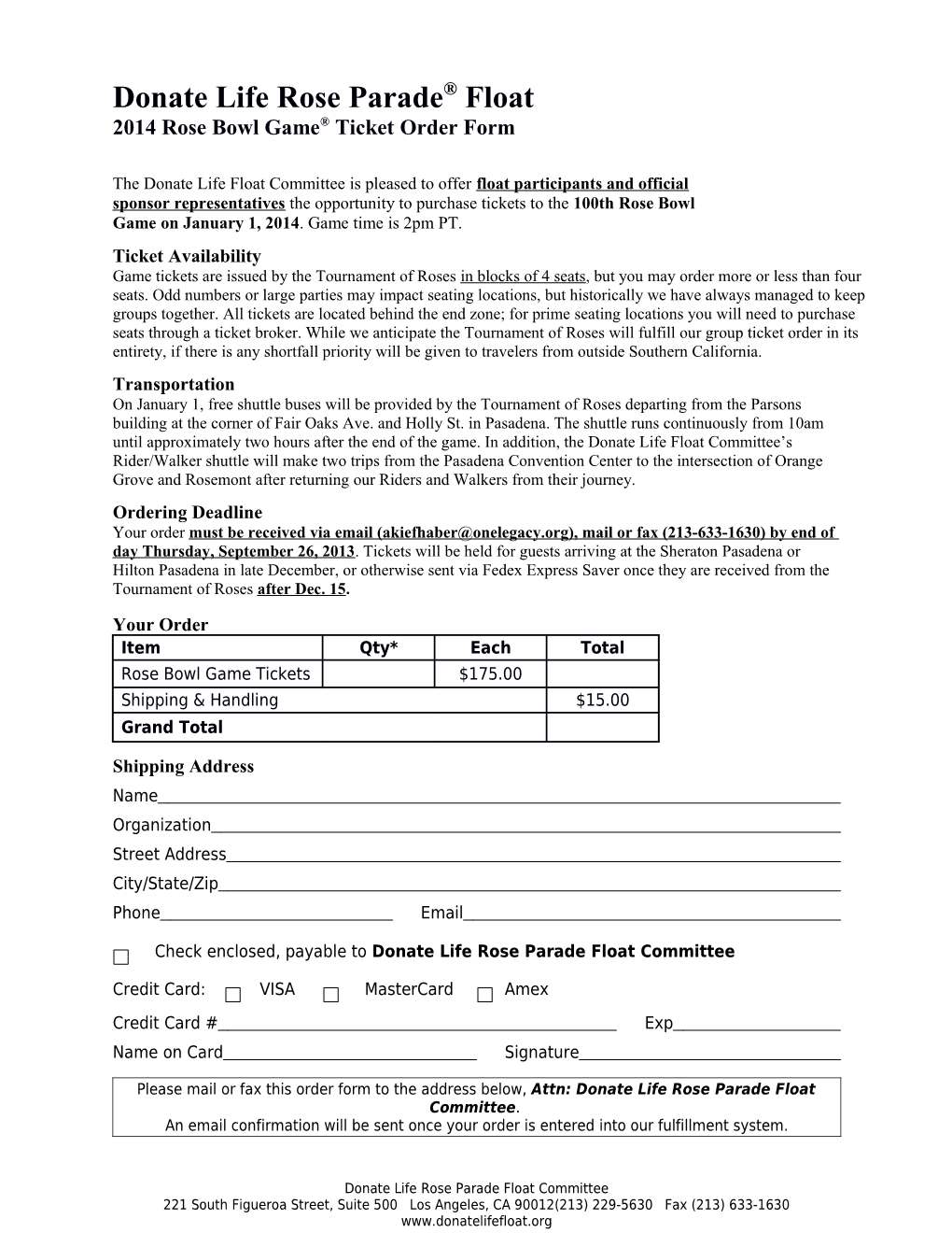 2014 Rose Bowl Game Ticket Order Form