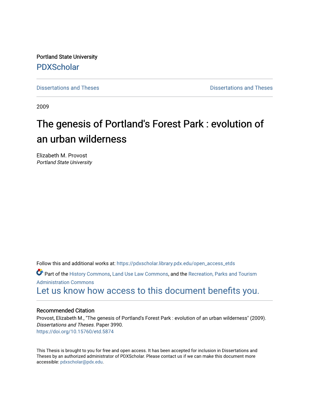 The Genesis of Portland's Forest Park : Evolution of an Urban Wilderness