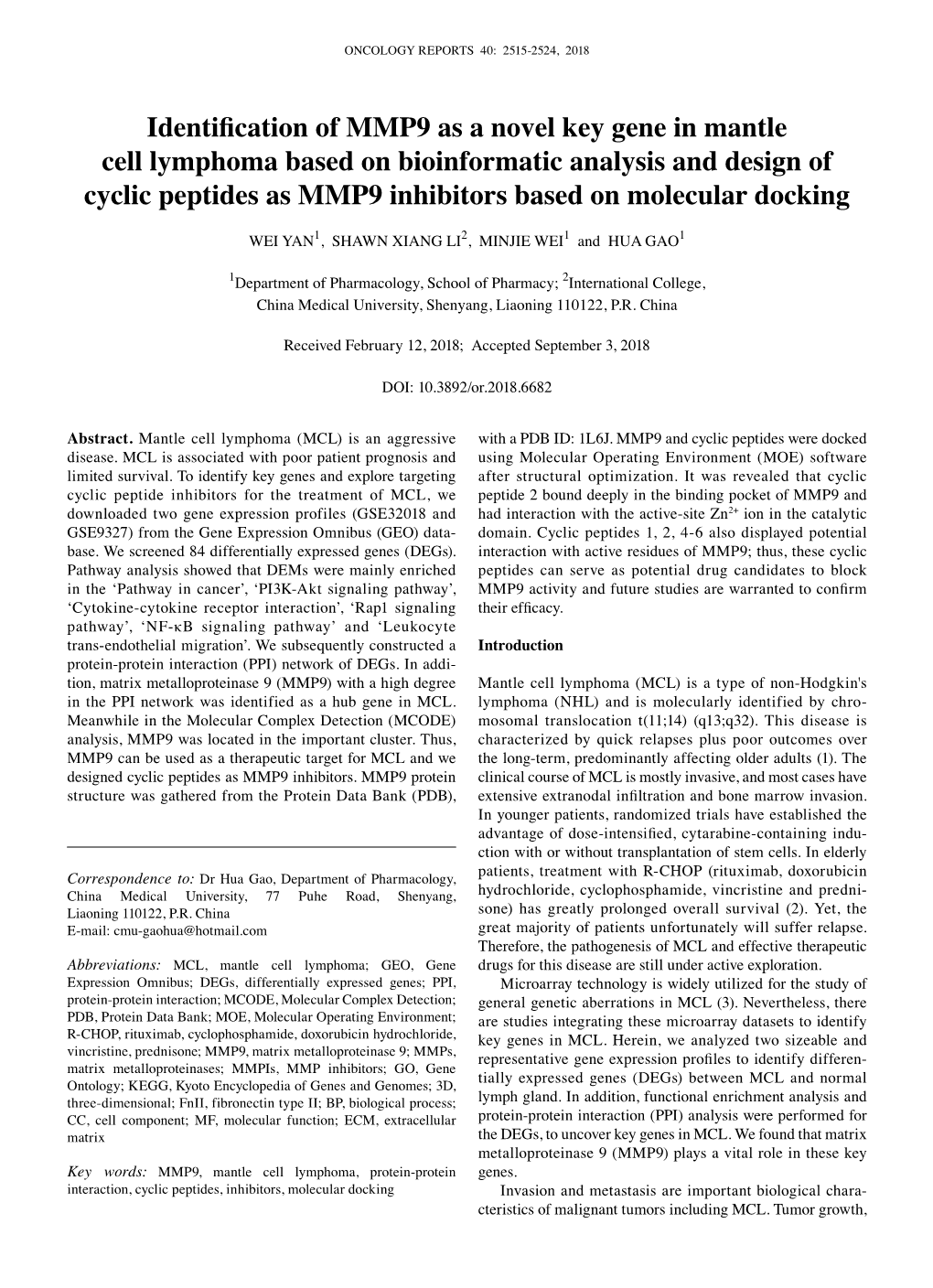 Identification of MMP9 As a Novel Key Gene in Mantle Cell Lymphoma Based on Bioinformatic Analysis and Design of Cyclic Peptide