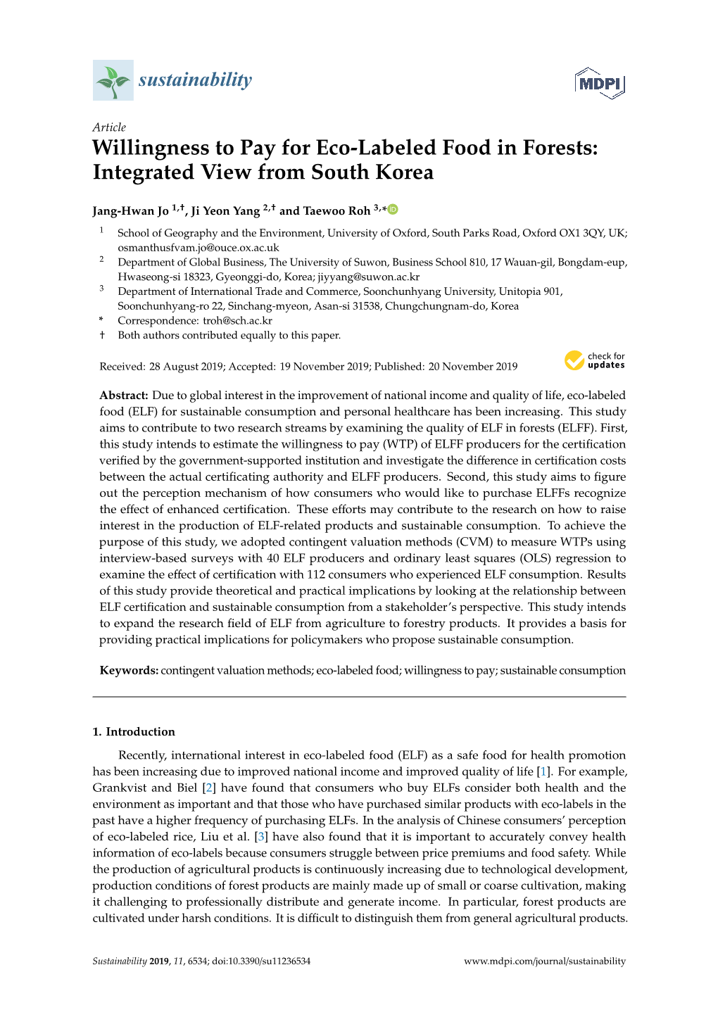 Willingness to Pay for Eco-Labeled Food in Forests: Integrated View from South Korea