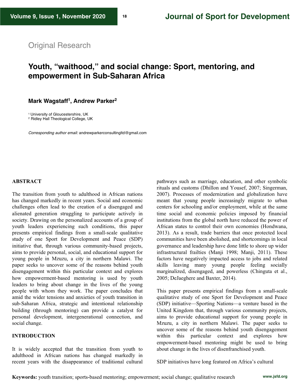 Waithood,” and Social Change: Sport, Mentoring, and Empowerment in Sub-Saharan Africa