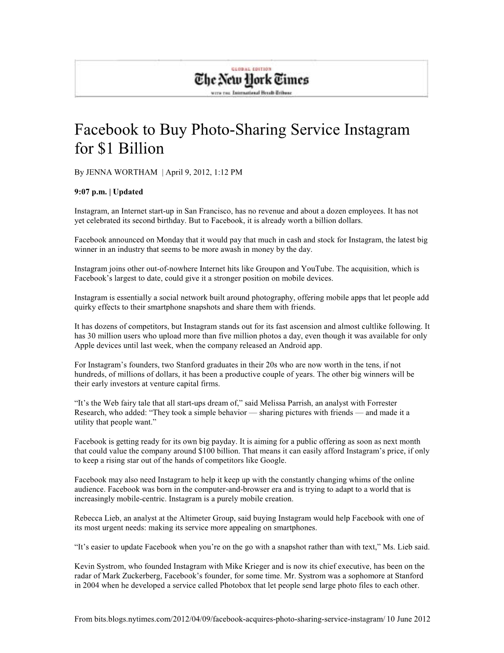 Facebook to Buy Photo-Sharing Service Instagram for $1 Billion