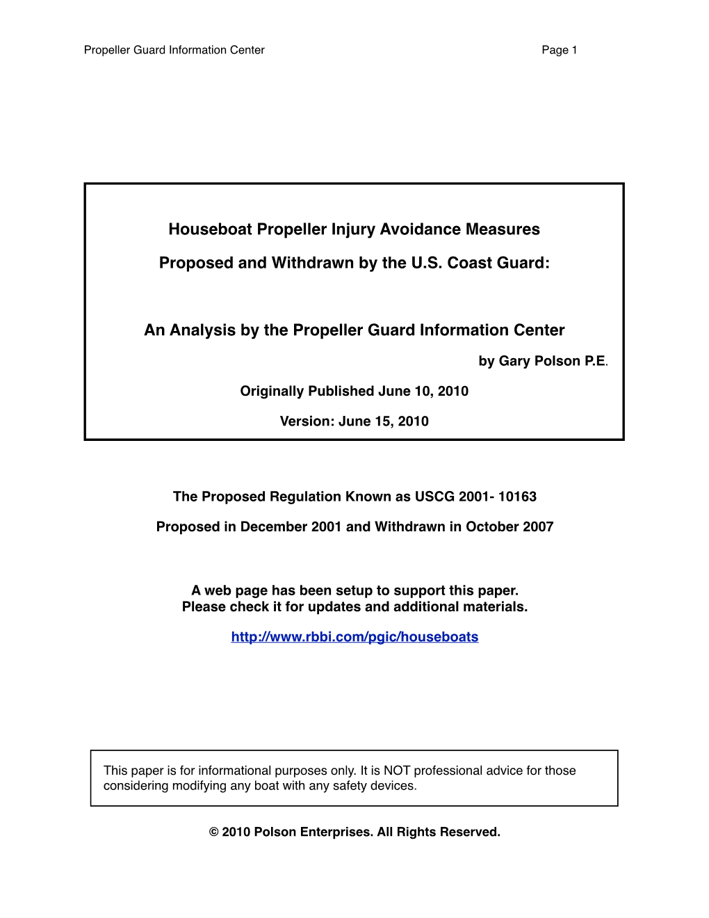 Houseboat Propeller Regulation Proposed and Withdrawn by USCG