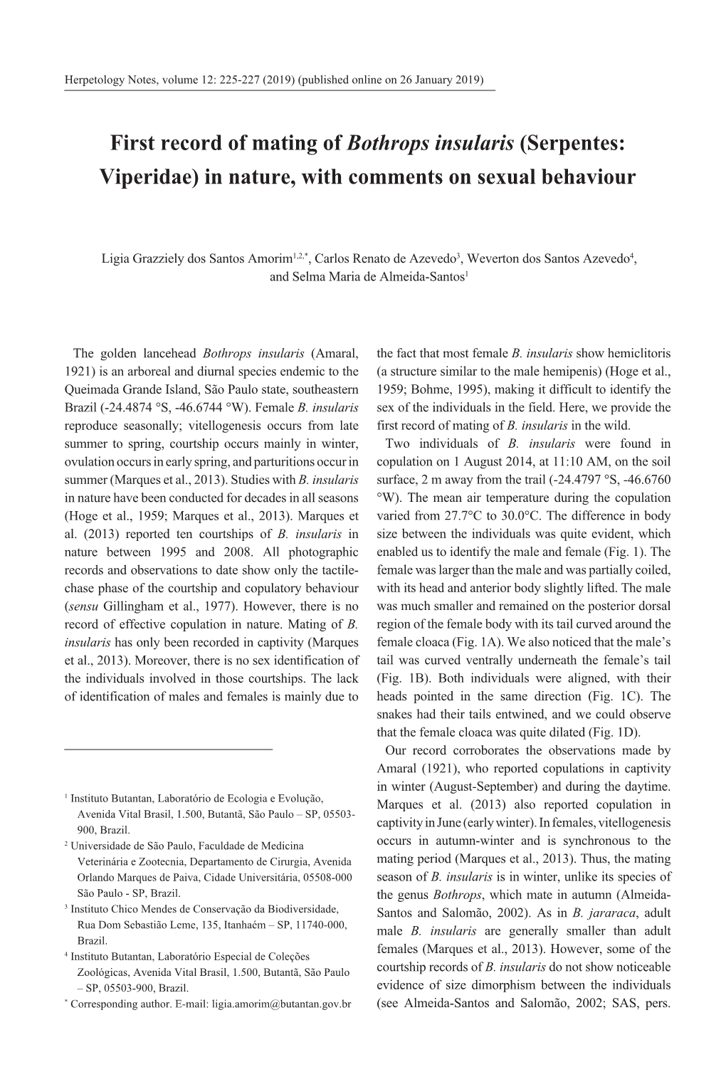 First Record of Mating of Bothrops Insularis (Serpentes: Viperidae) in Nature, with Comments on Sexual Behaviour