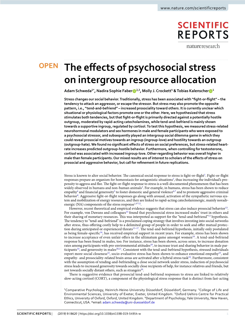 The Effects of Psychosocial Stress on Intergroup Resource Allocation