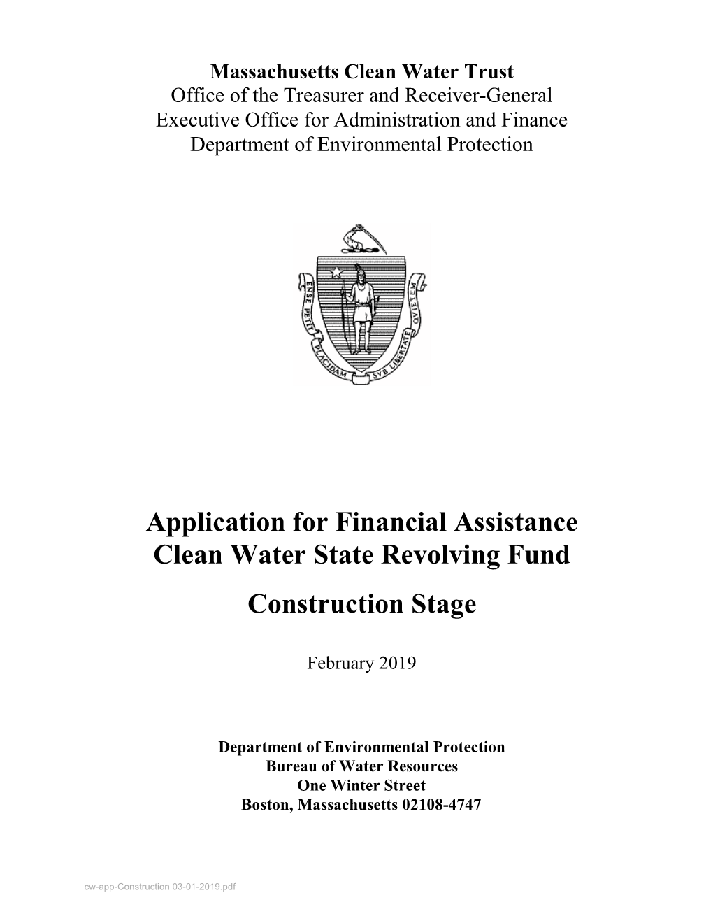 Application for Financial Assistance Clean Water State Revolving Fund Construction Stage