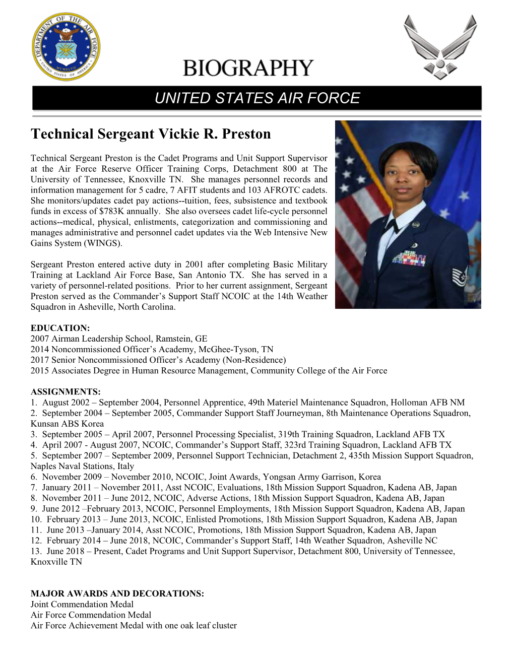 Technical Sergeant Vickie R. Preston UNITED STATES AIR FORCE