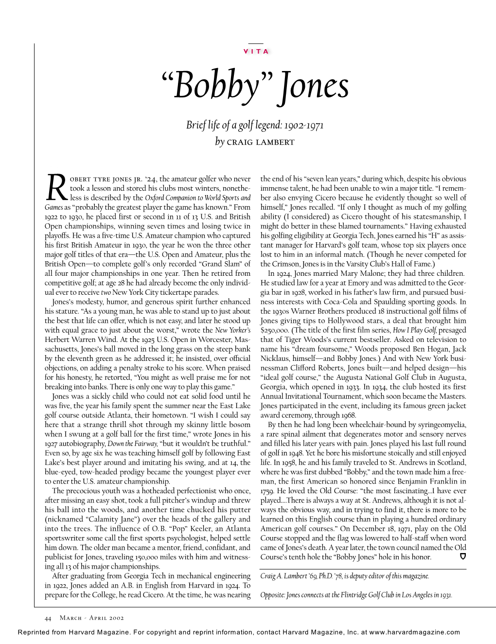 “Bobby” Jones Brief Life of a Golf Legend: 1902-1971 by Craig Lambert