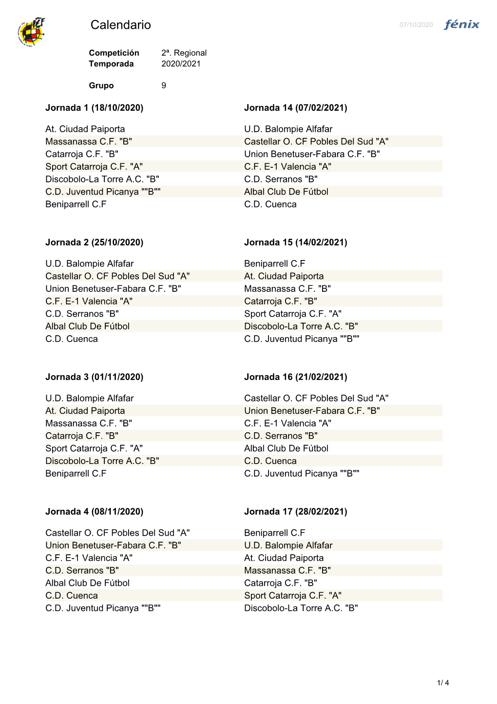 Calendario 07/10/2020