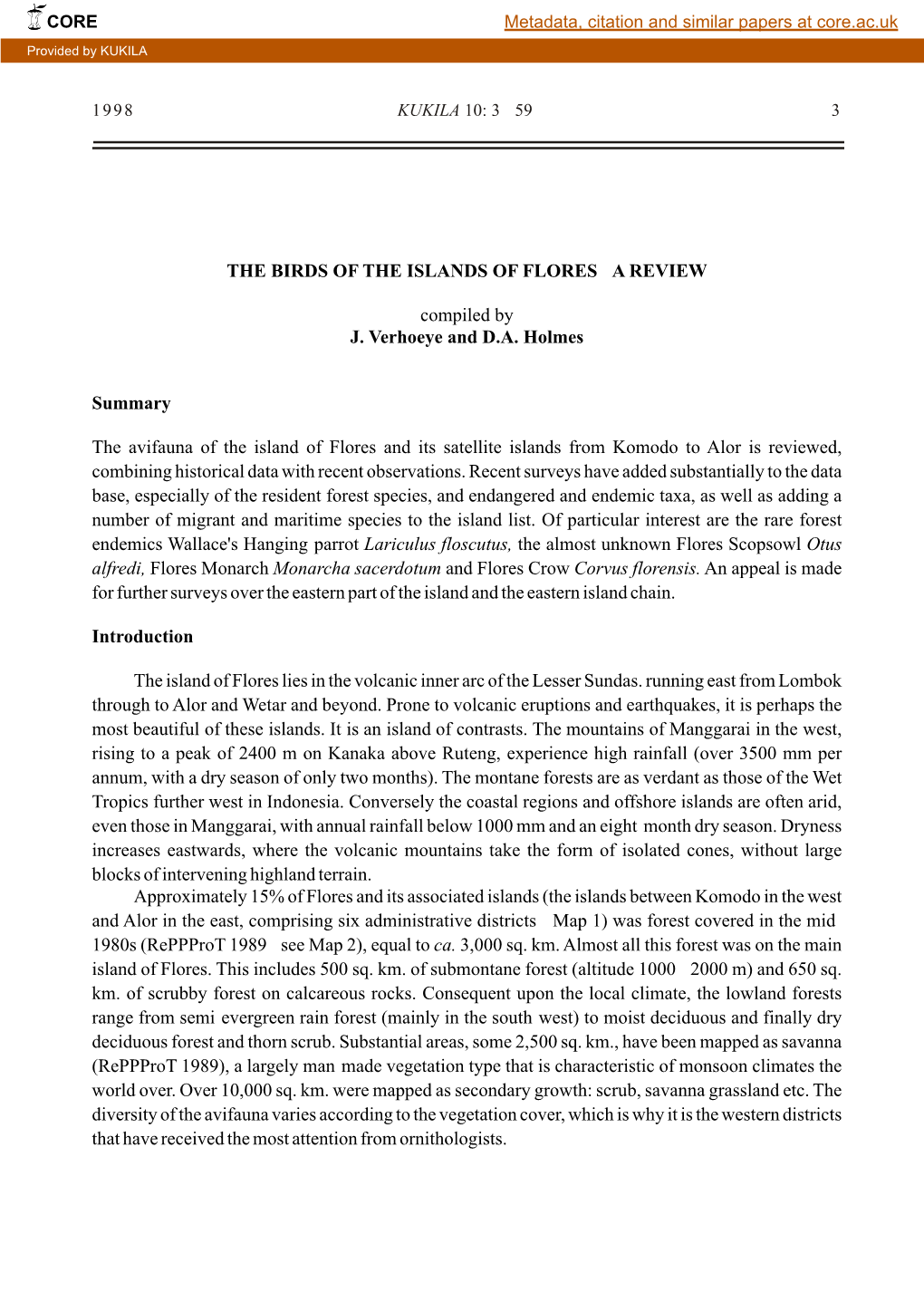 1998 KUKILA 10: 3 59 3 the BIRDS of the ISLANDS of FLORES a REVIEW Compiled by J. Verhoeye and D.A. Holmes Summary the Avifauna