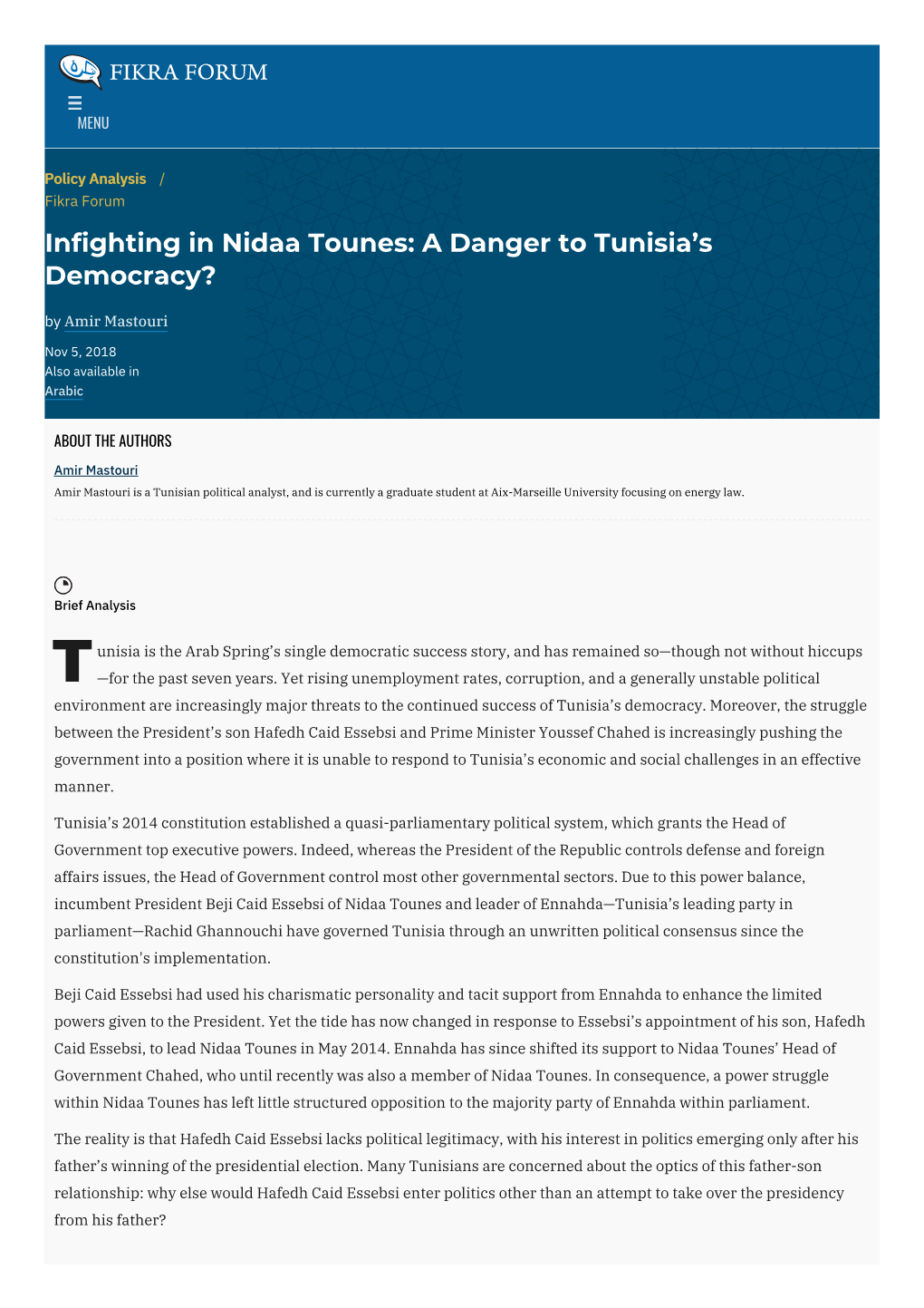 Infighting in Nidaa Tounes: a Danger to Tunisia's Democracy? | The