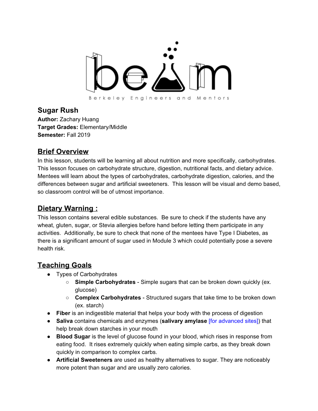 Sugar Rush Brief Overview Dietary Warning : Teaching Goals