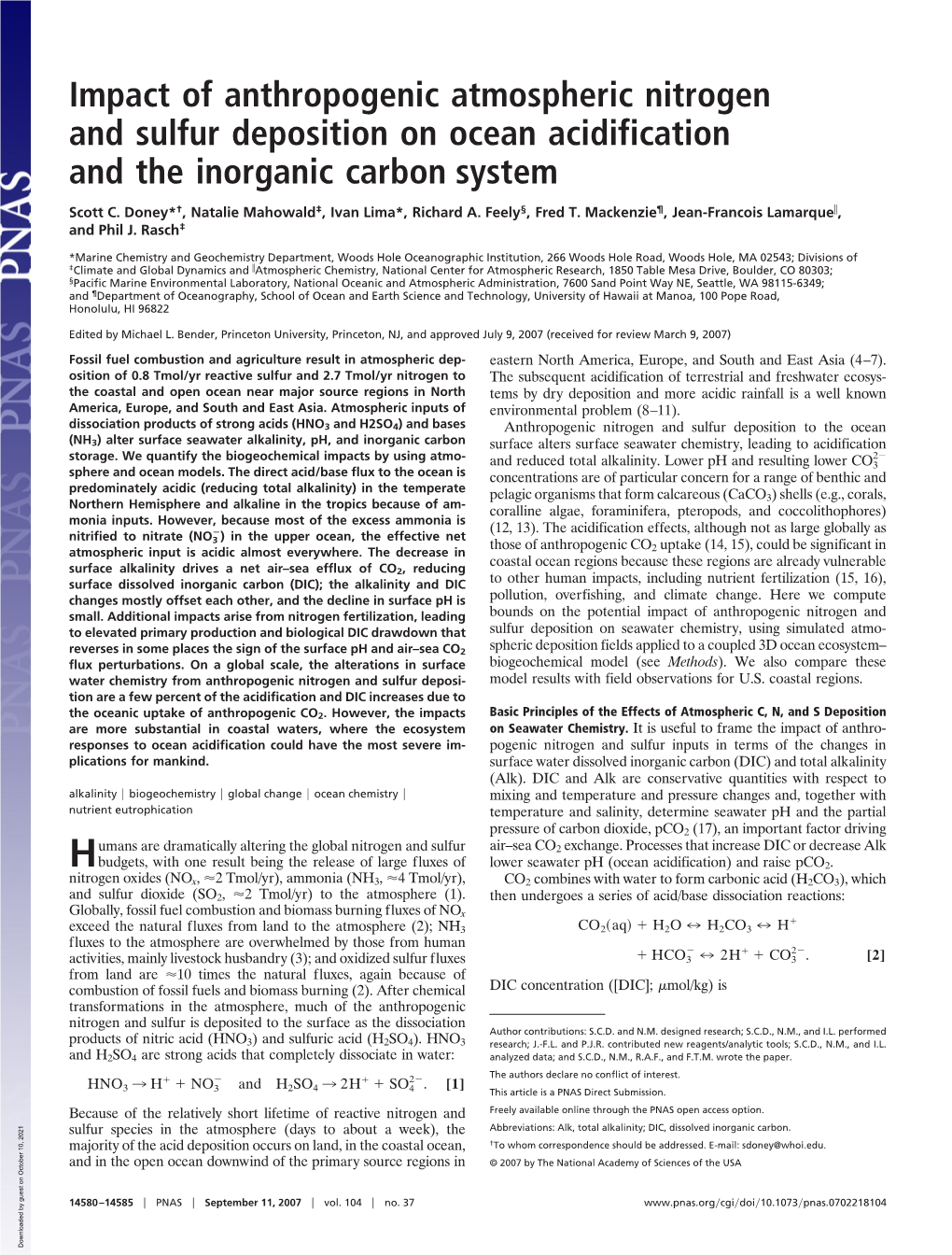 Impact of Anthropogenic Atmospheric Nitrogen and Sulfur Deposition on Ocean Acidification and the Inorganic Carbon System
