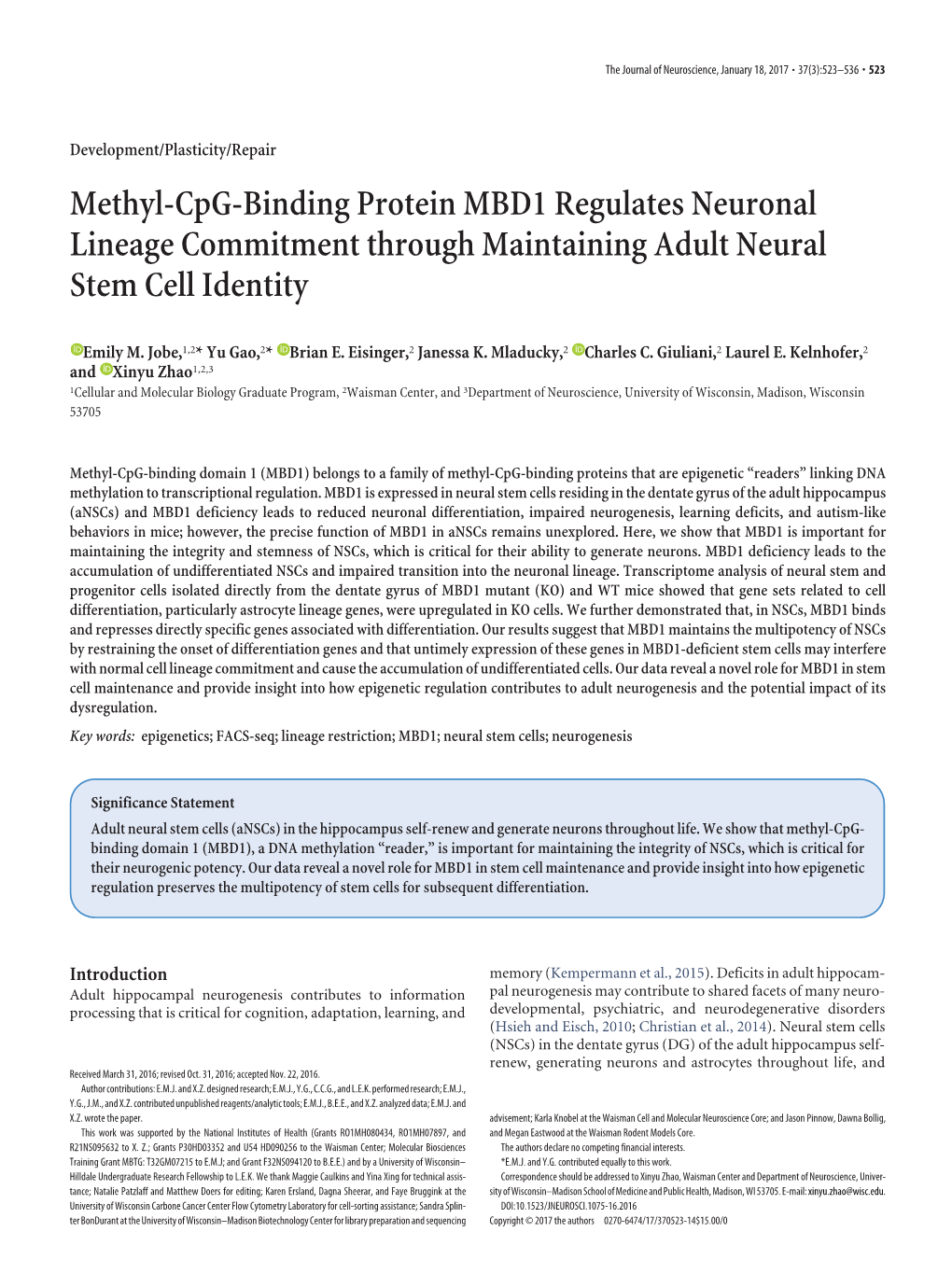 Methyl-Cpg-Binding Protein MBD1 Regulates Neuronal Lineage Commitment Through Maintaining Adult Neural Stem Cell Identity