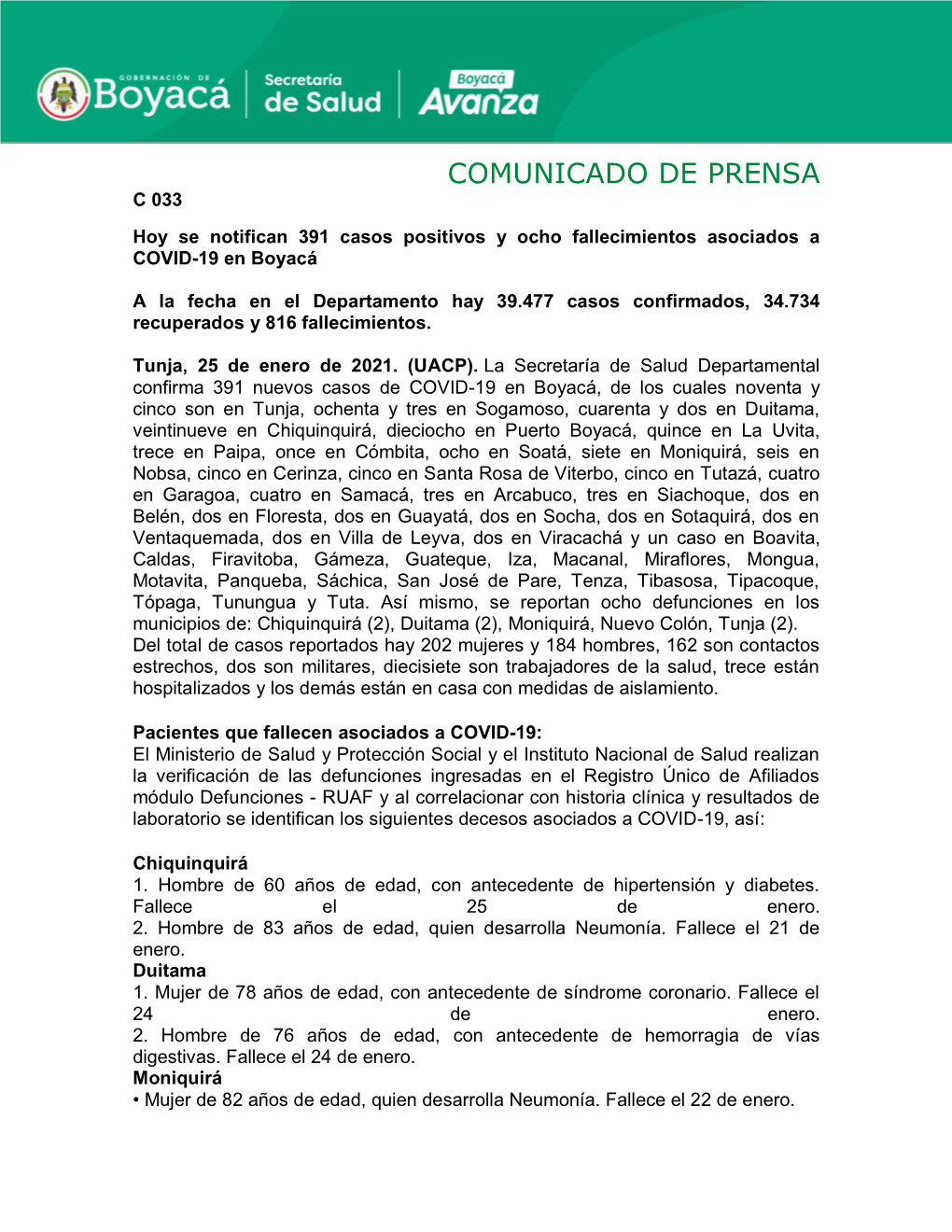 COMUNICADO DE PRENSA C 033 Hoy Se Notifican 391 Casos Positivos Y Ocho Fallecimientos Asociados a COVID-19 En Boyacá