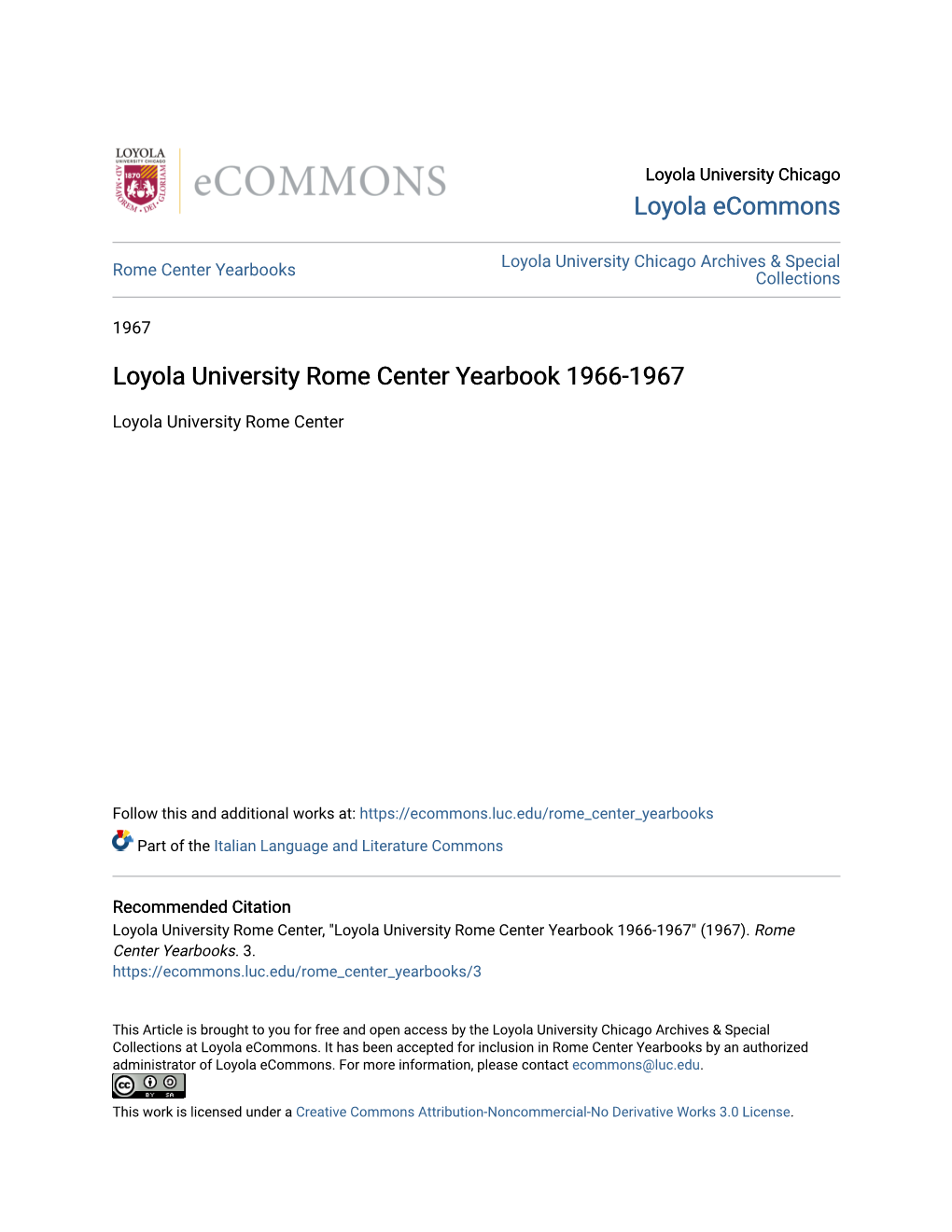 Loyola University Rome Center Yearbook 1966-1967