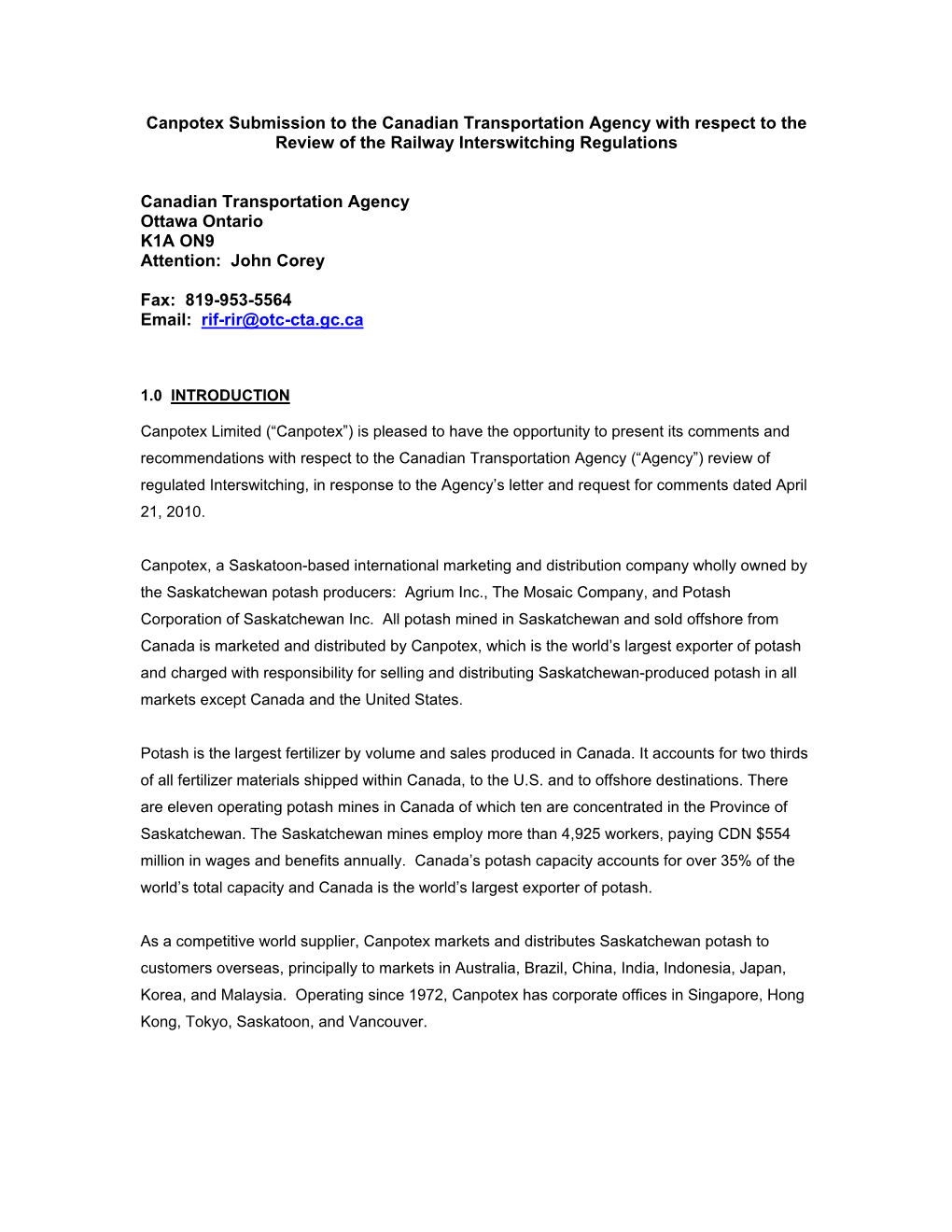 Canpotex Submission to the Canadian Transportation Agency with Respect to the Review of the Railway Interswitching Regulations
