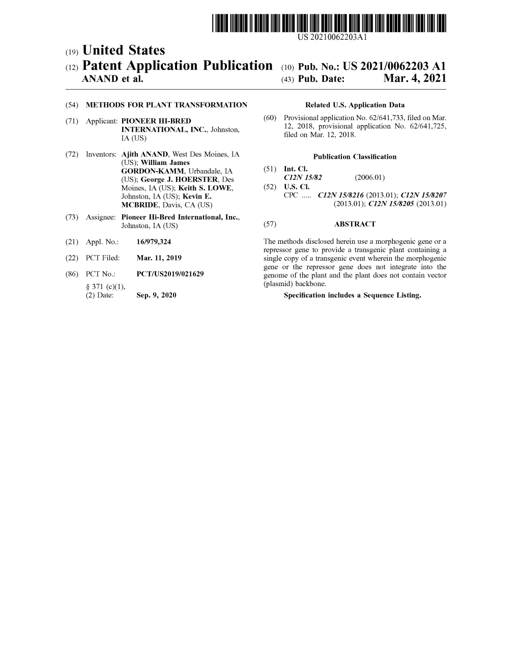 ( 12 ) Patent Application Publication ( 10 ) Pub . No .: US 2021/0062203 A1 ANAND Et Al