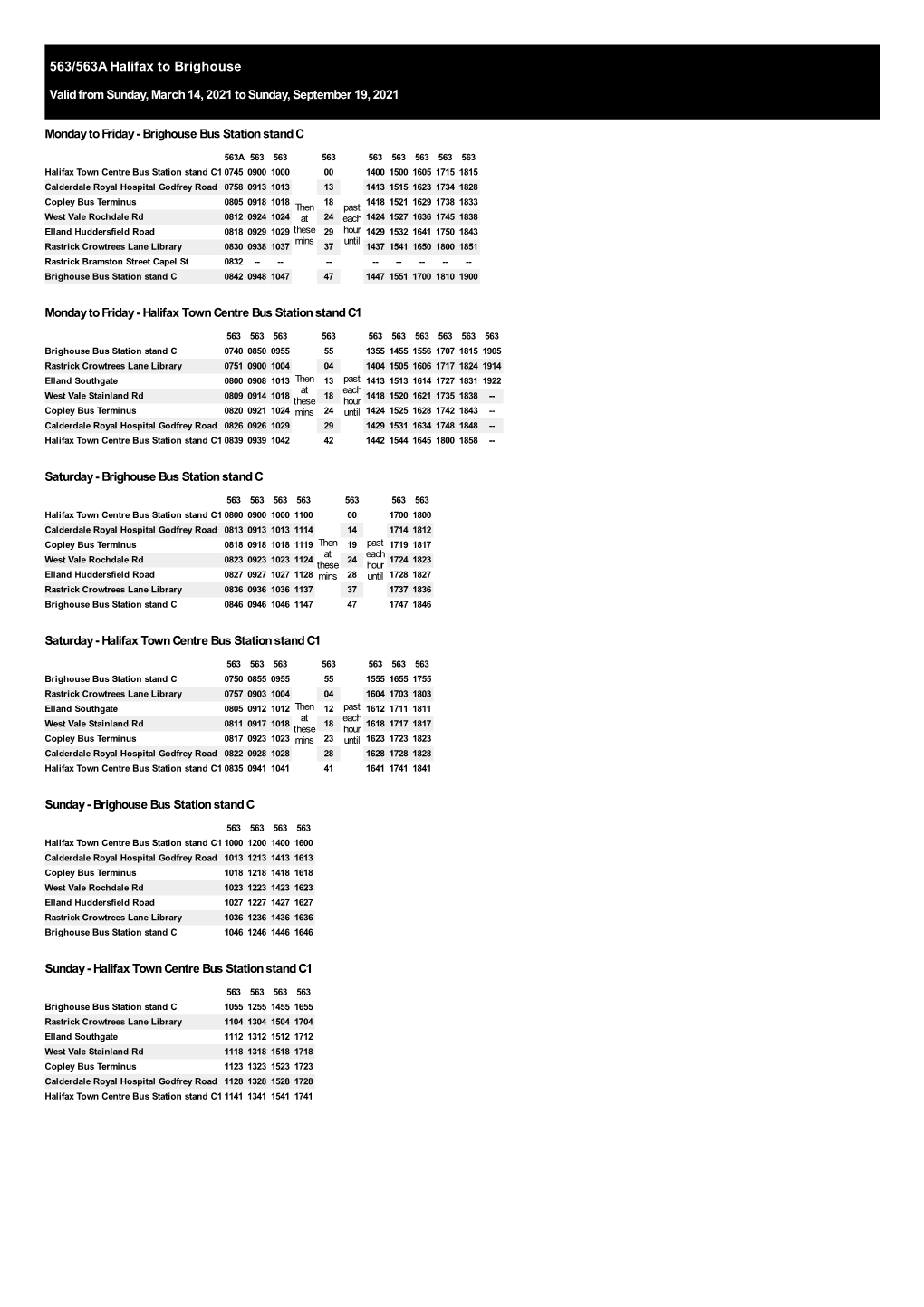 563/563A Halifax to Brighouse Valid from Sunday, March 14, 2021 to Sunday, September 19, 2021