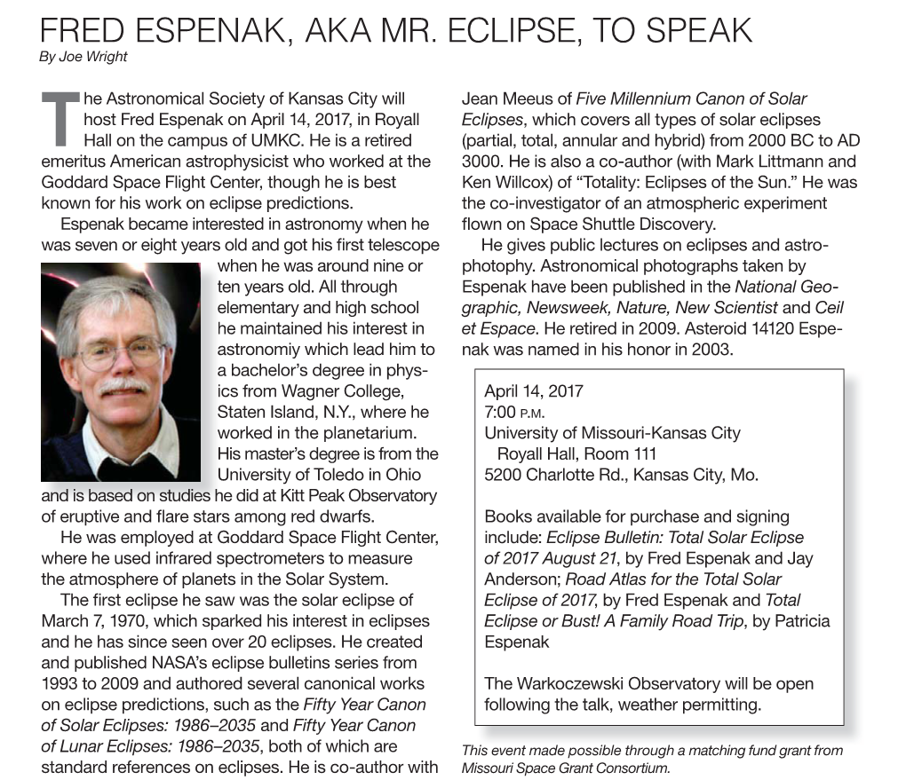 Fred Espenak, Aka Mr. Eclipse, to Speak Fun Fact of The