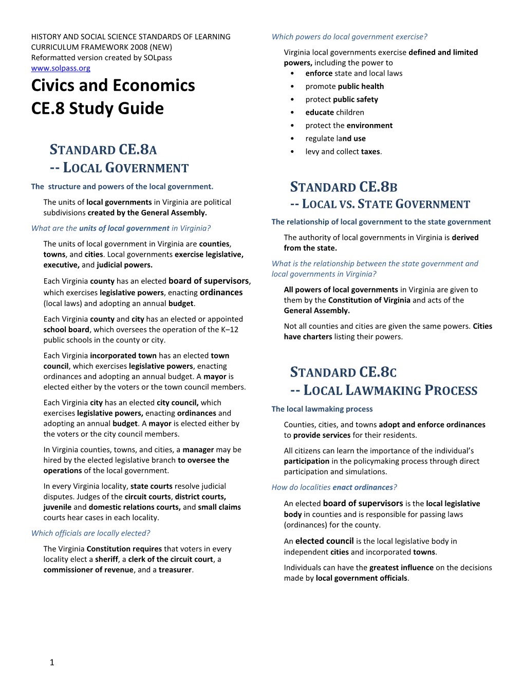 Civics and Economics CE.8 Study Guide