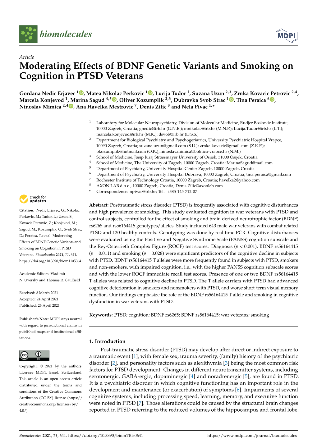 Moderating Effects of BDNF Genetic Variants and Smoking on Cognition in PTSD Veterans