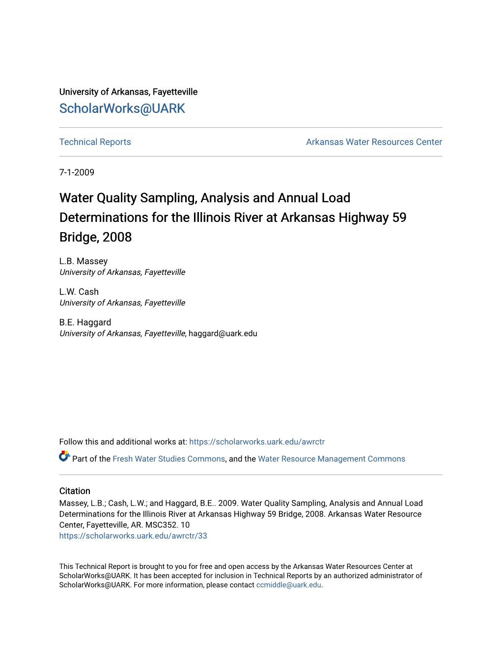 Water Quality Sampling, Analysis and Annual Load Determinations for the Illinois River at Arkansas Highway 59 Bridge, 2008