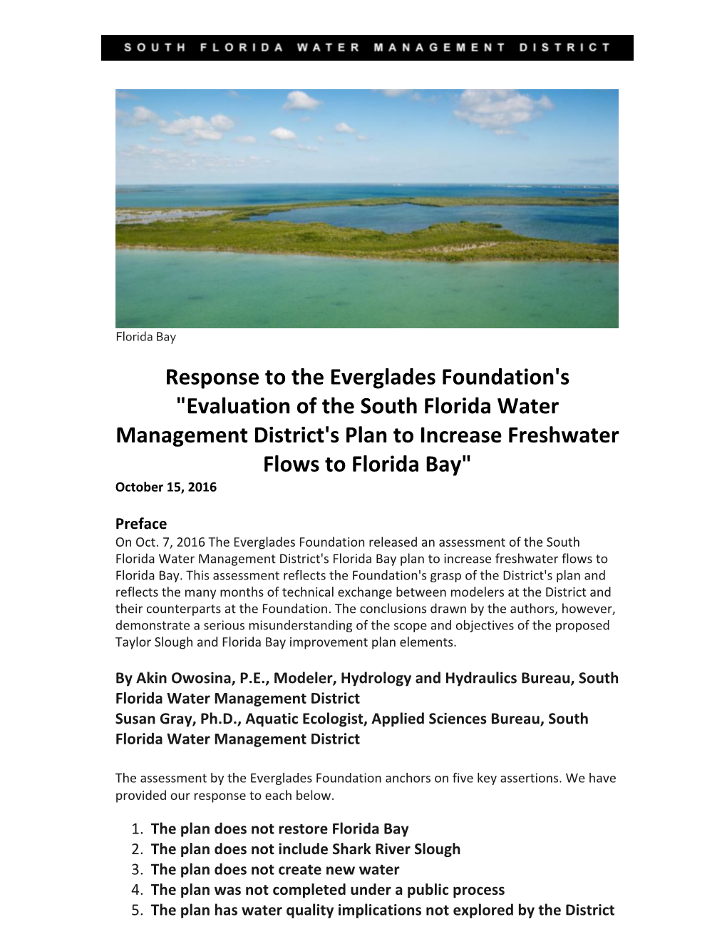 Response to the Everglades Foundation's "Evaluation of The