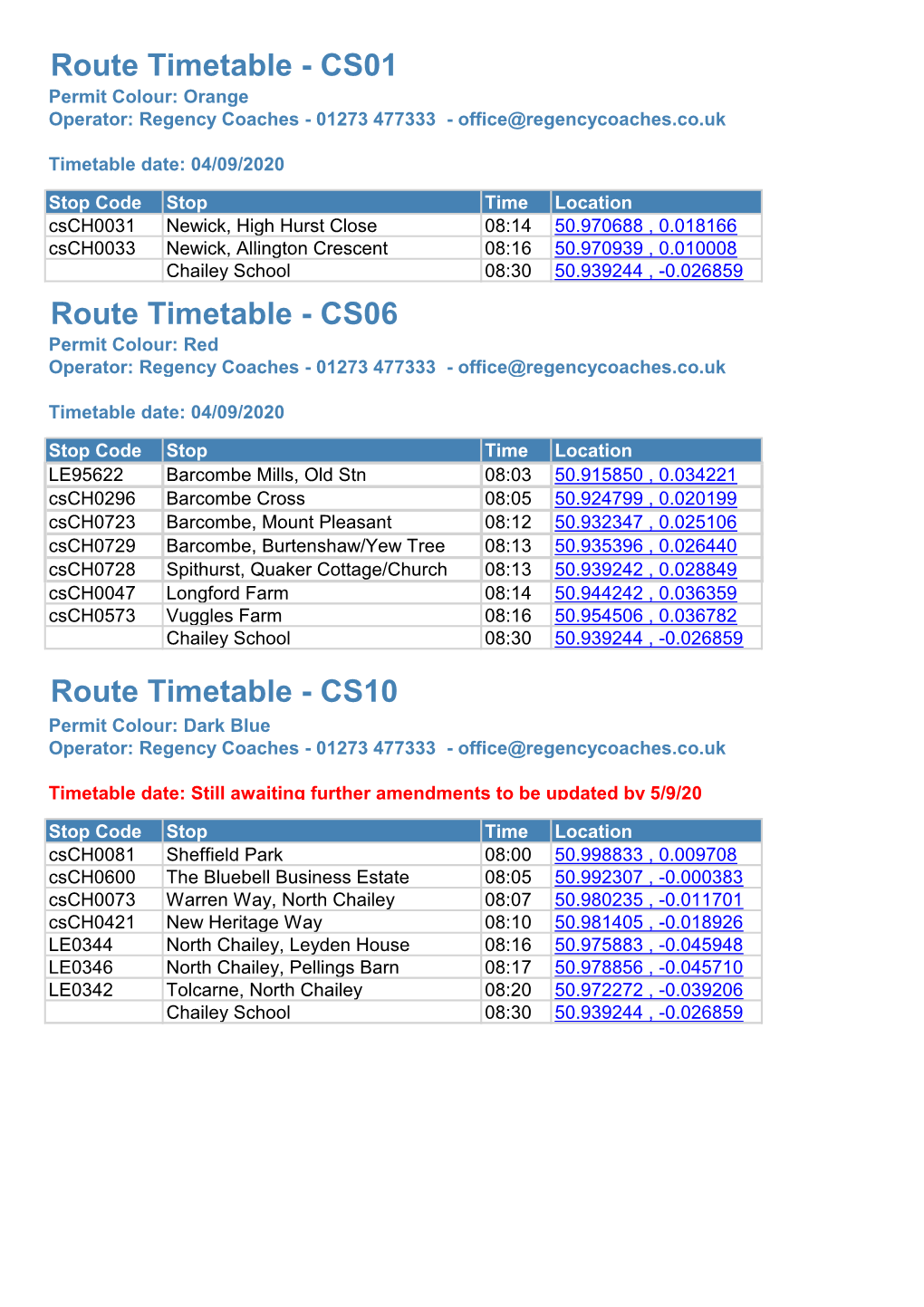 Route Timetable - CS01 Permit Colour: Orange Operator: Regency Coaches - 01273 477333 - Office@Regencycoaches.Co.Uk