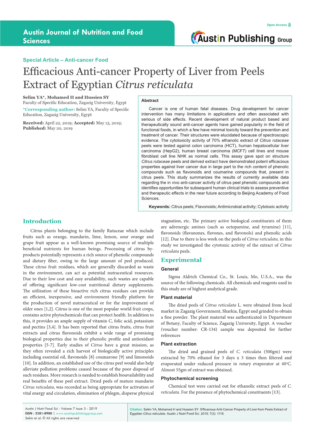 Efficacious Anti-Cancer Property of Liver from Peels Extract of Egyptian Citrus Reticulata