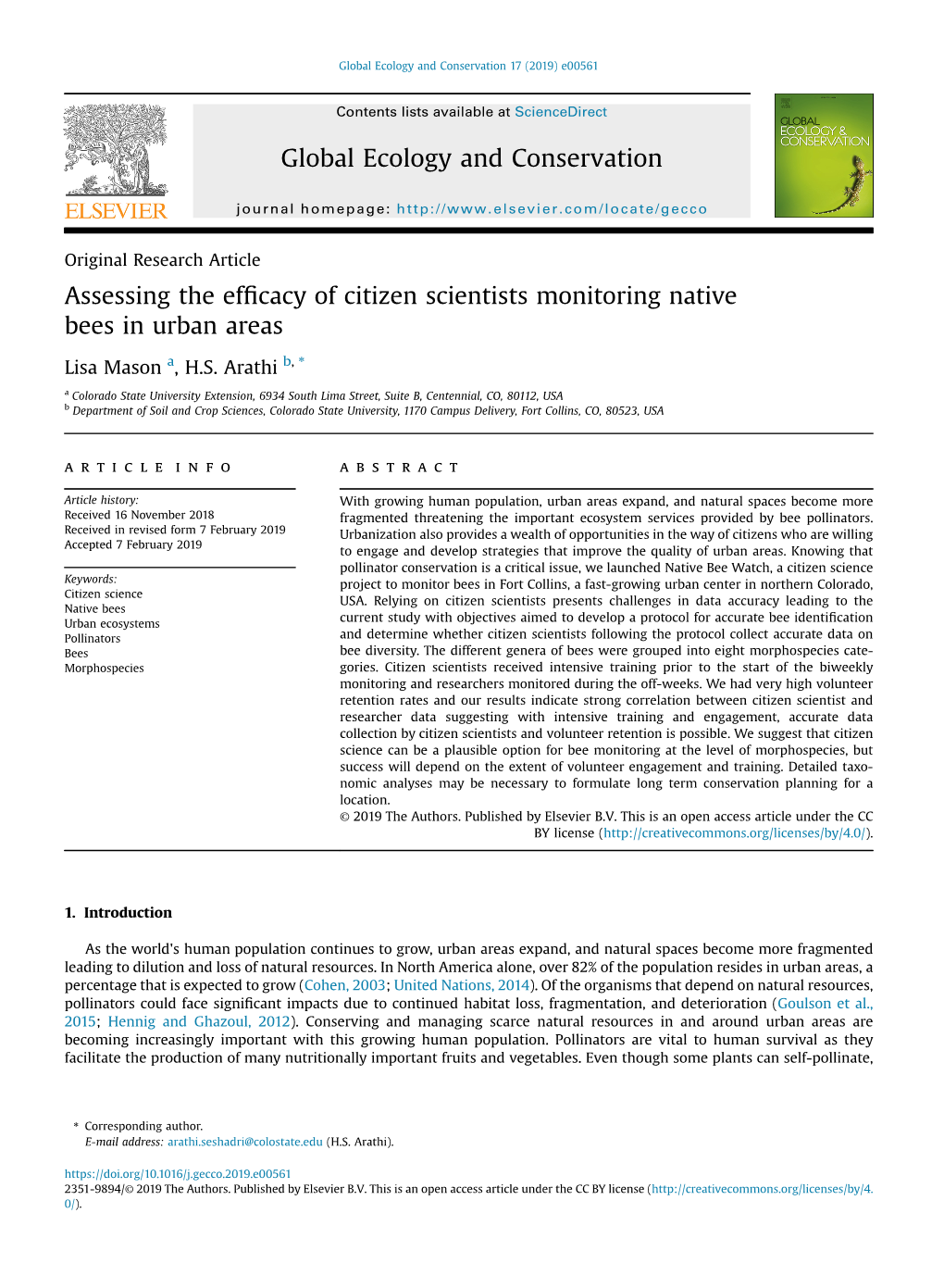 Assessing the Efficacy of Citizen Scientists Monitoring Native Bees In