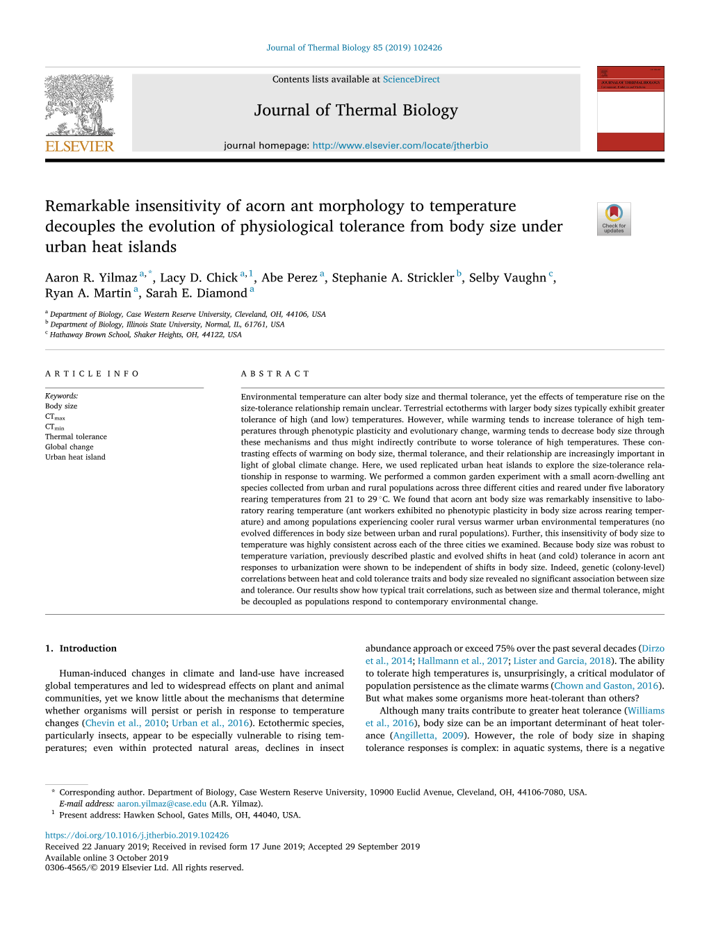 Remarkable Insensitivity of Acorn Ant Morphology to Temperature Decouples the Evolution of Physiological Tolerance from Body Size Under Urban Heat Islands