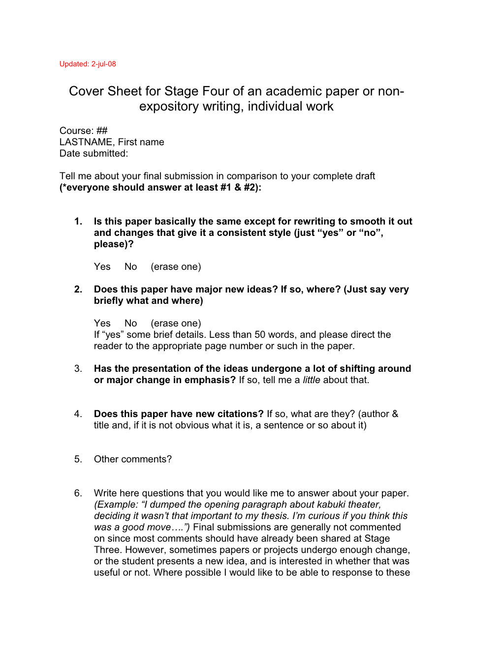 Cover Sheet for Stage Four of an Academic Paper Or Non-Expository Writing, Individual Work