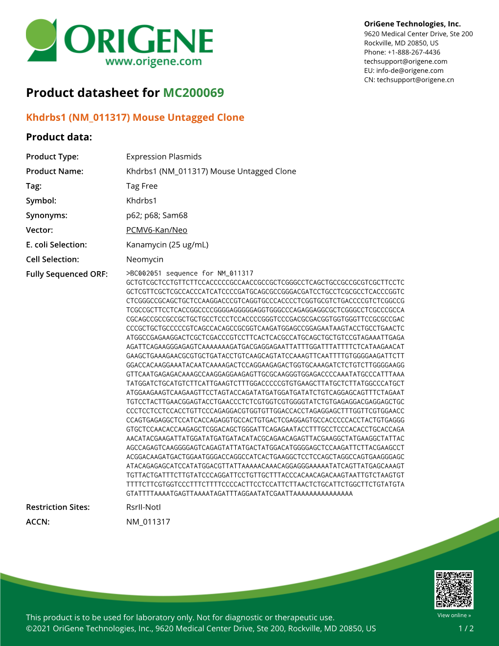 Khdrbs1 (NM 011317) Mouse Untagged Clone Product Data