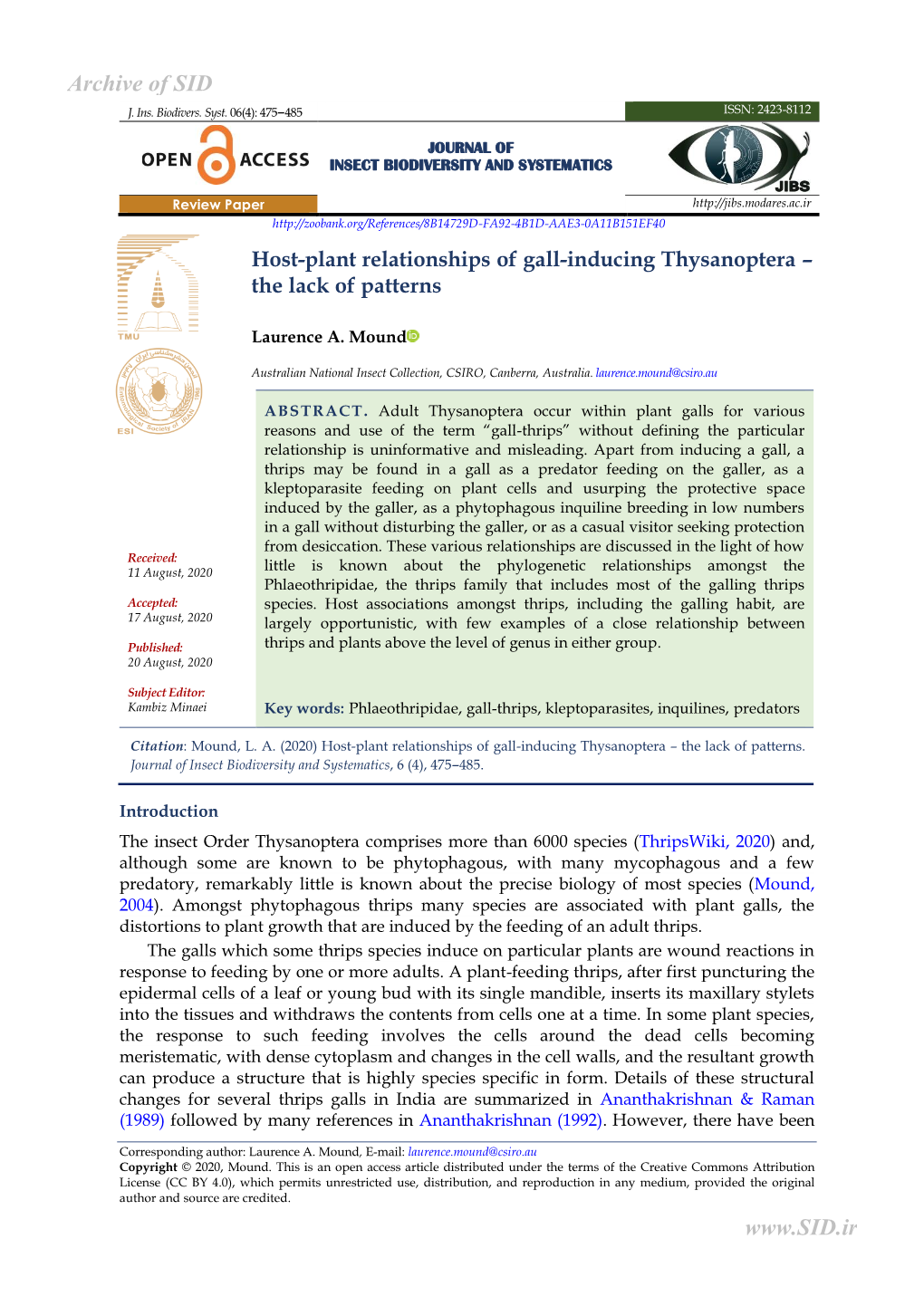 Host-Plant Relationships of Gall-Inducing Thysanoptera – the Lack of Patterns