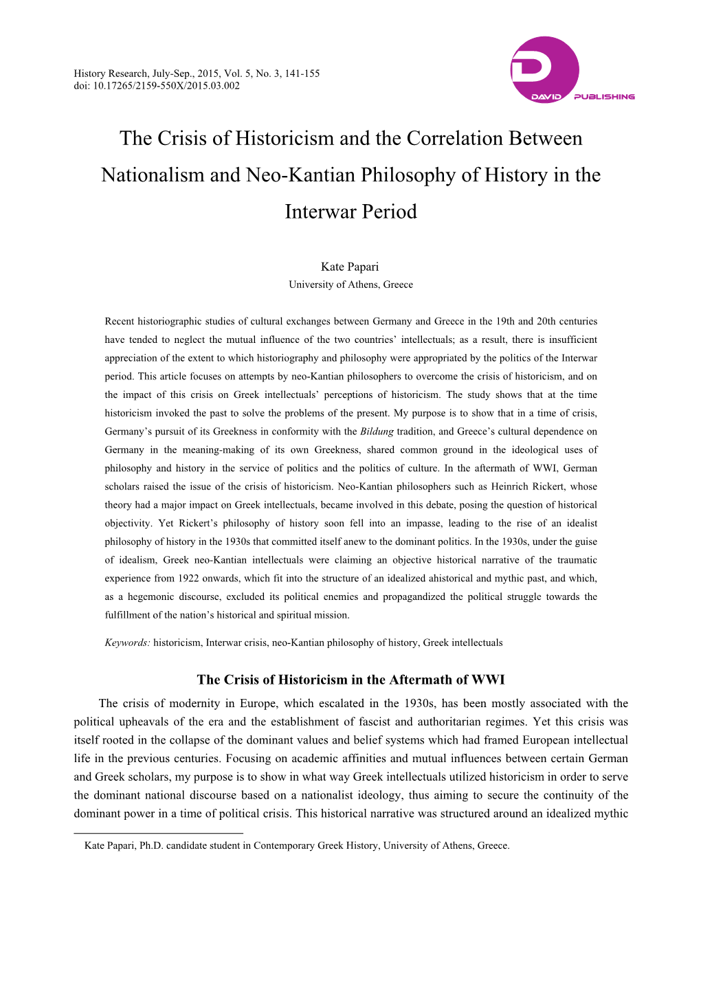 The Crisis of Historicism and the Correlation Between Nationalism and Neo-Kantian Philosophy of History in the Interwar Period
