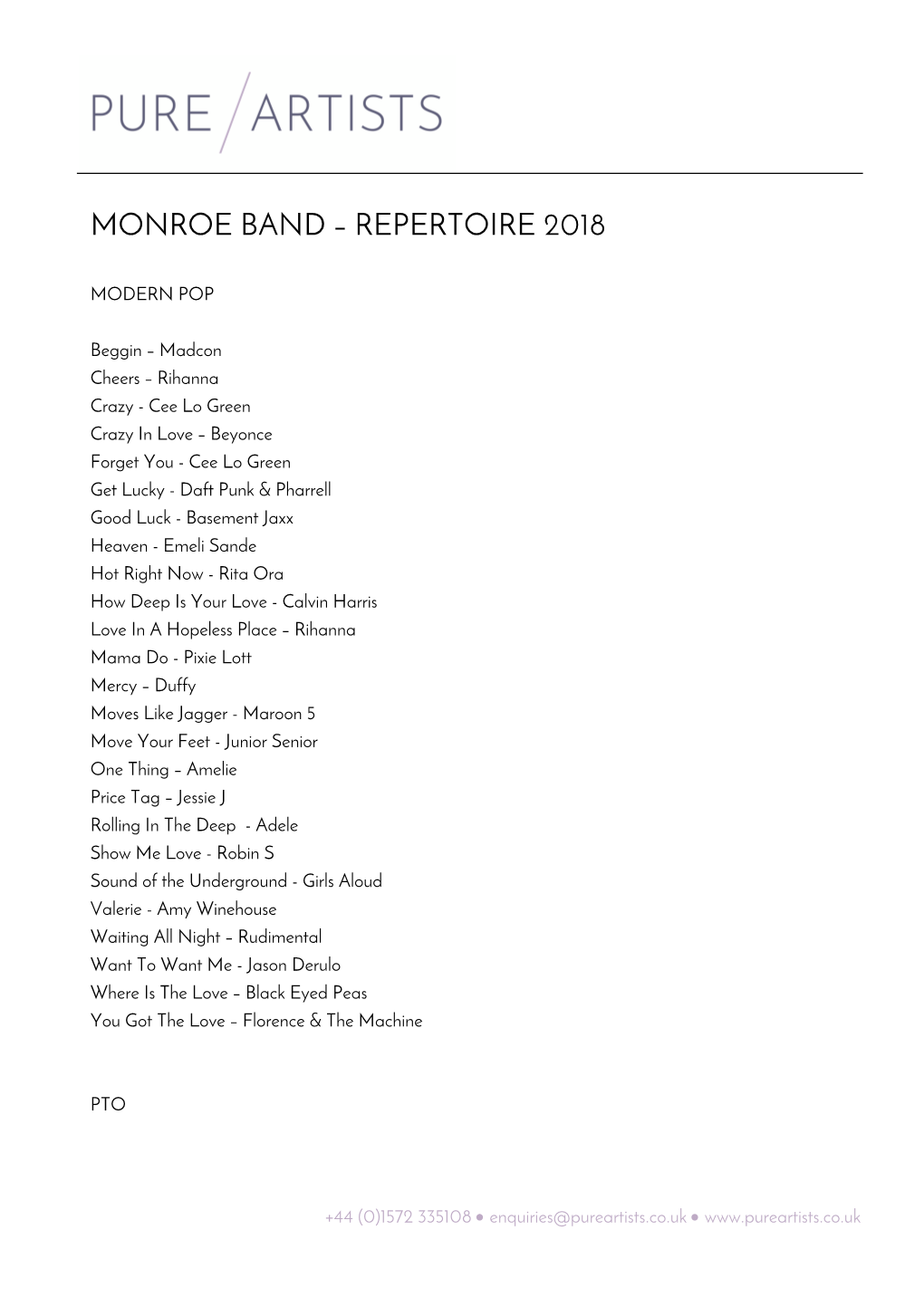 Monroe Band – Repertoire 2018