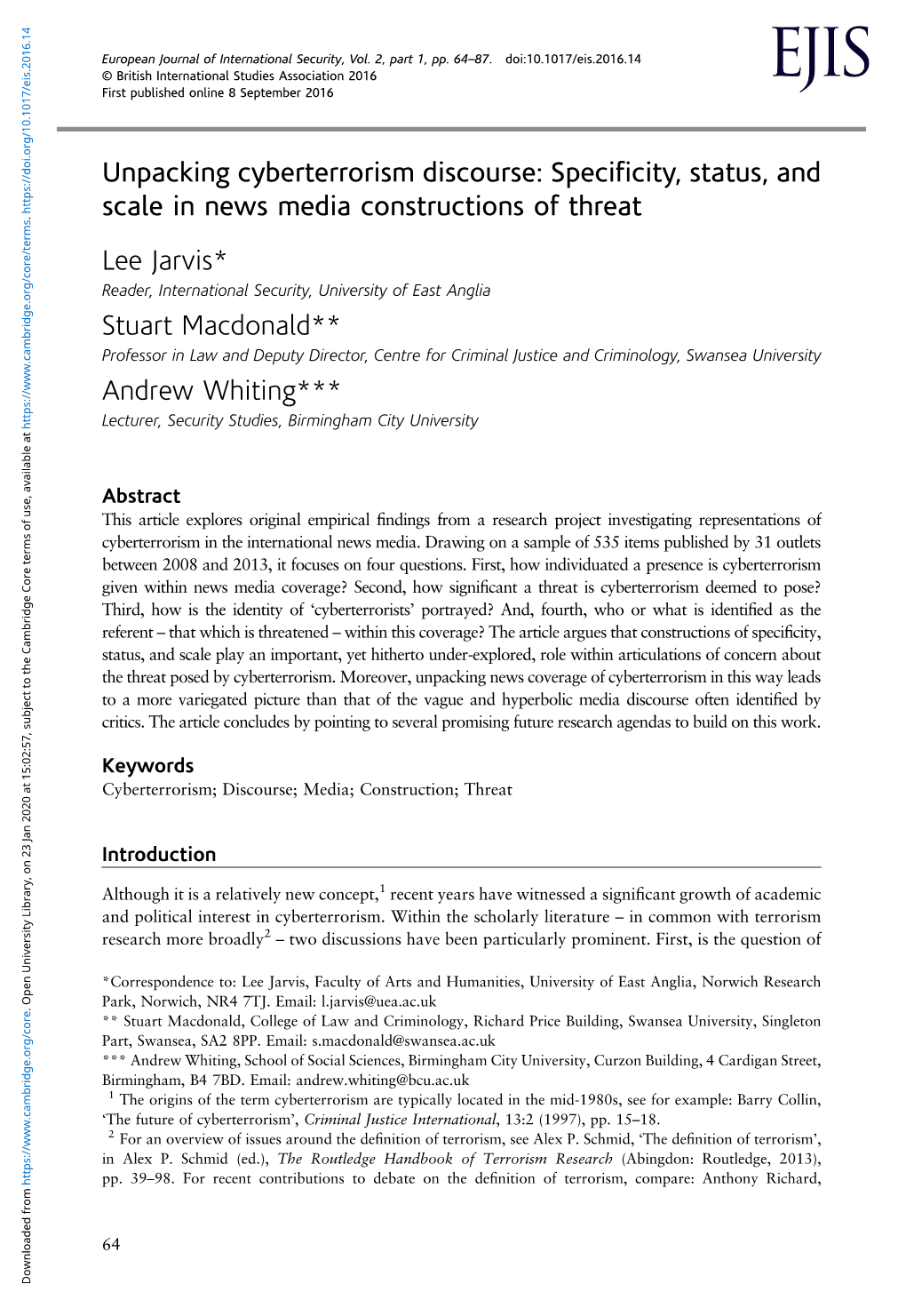 Unpacking Cyberterrorism Discourse: Specificity, Status, and Scale In