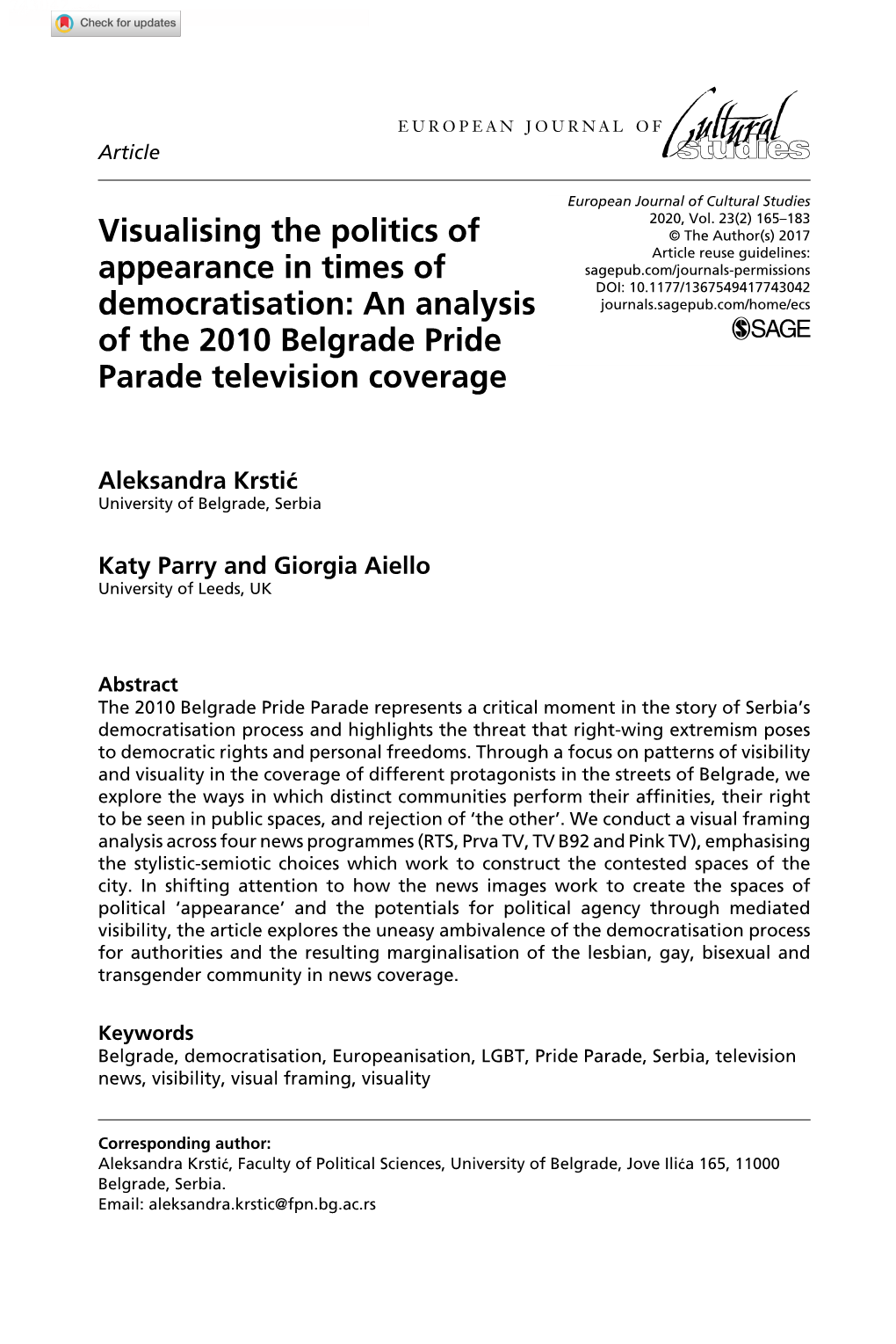 Visualising the Politics of Appearance in Times of Democratisation: an Analysis of the 2010 Belgrade Pride Parade Television