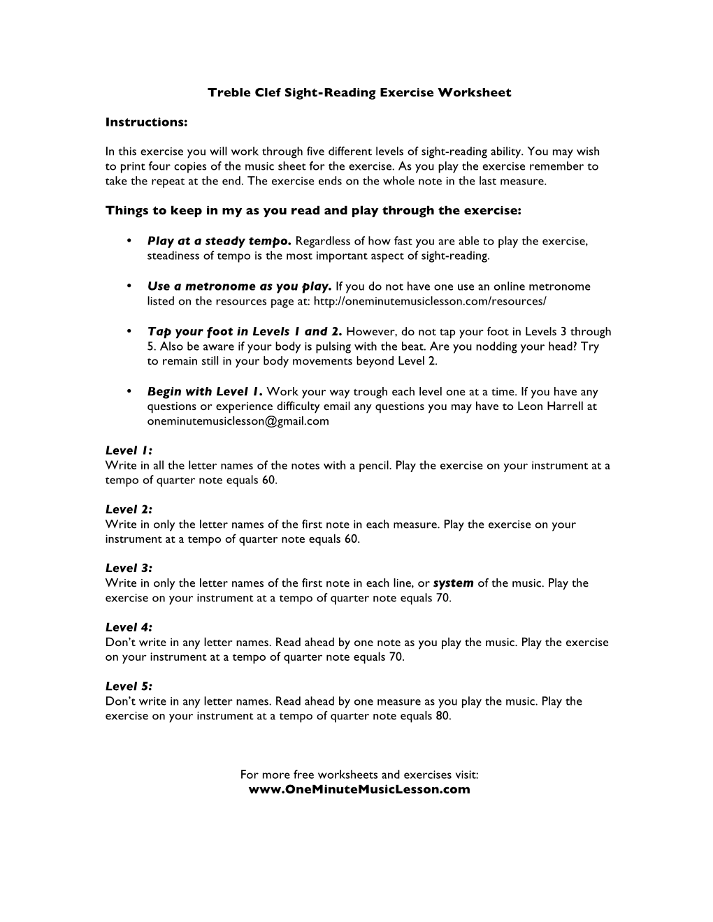 Treble Clef Sight-Reading Exercise Worksheet Instructions