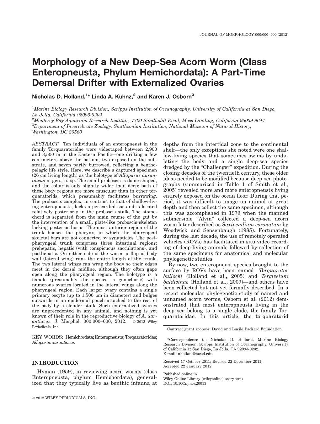 Morphology of a New Deepsea Acorn Worm (Class Enteropneusta, Phylum
