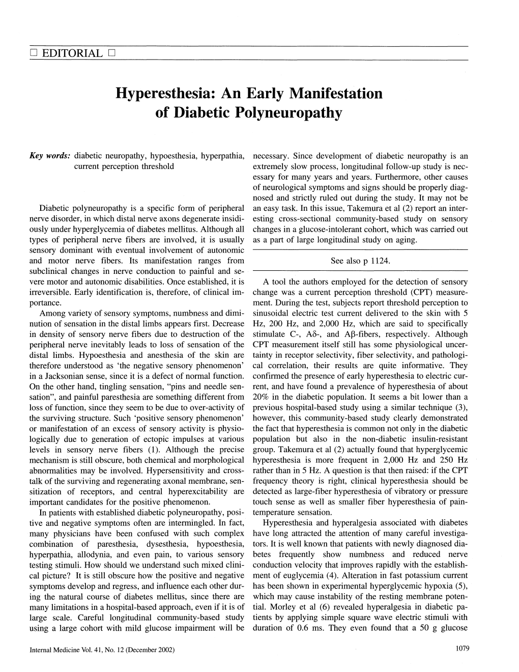 Hyperesthesia: an Early Manifestation of Diabetic Polyneuropathy