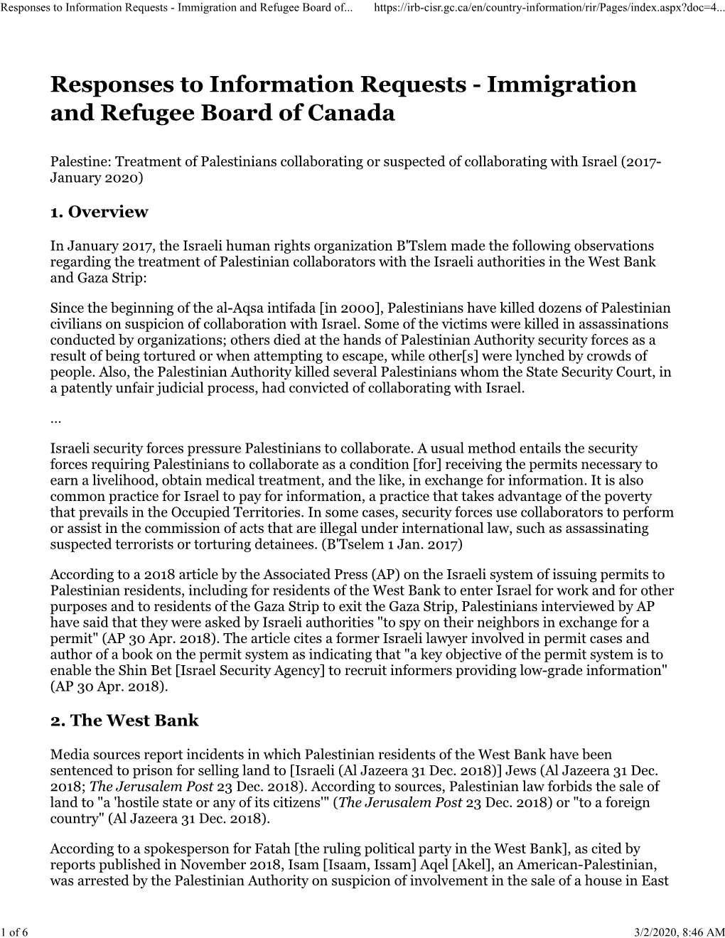 Palestine: Treatment of Palestinians Collaborating Or Suspected of Collaborating with Israel (2017- January 2020)