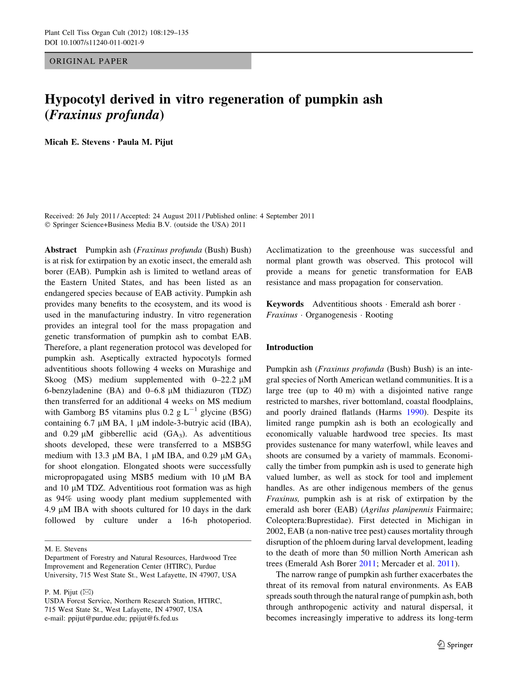 Hypocotyl Derived in Vitro Regeneration of Pumpkin Ash (Fraxinus Profunda)