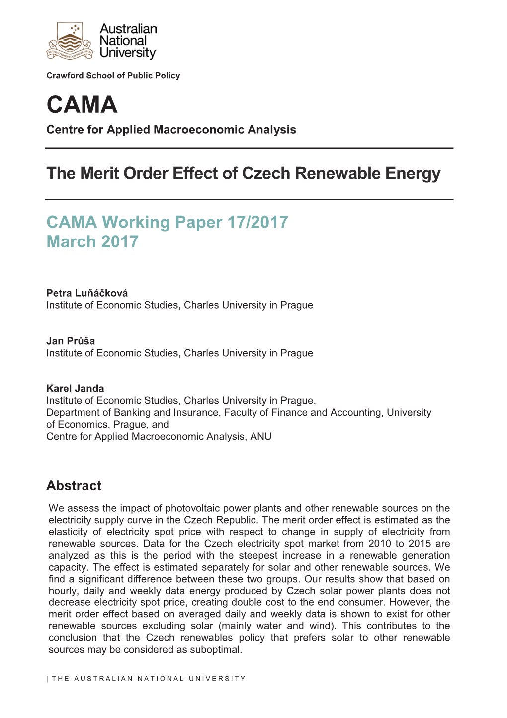 The Merit Order Effect of Czech Renewable Energy CAMA Working