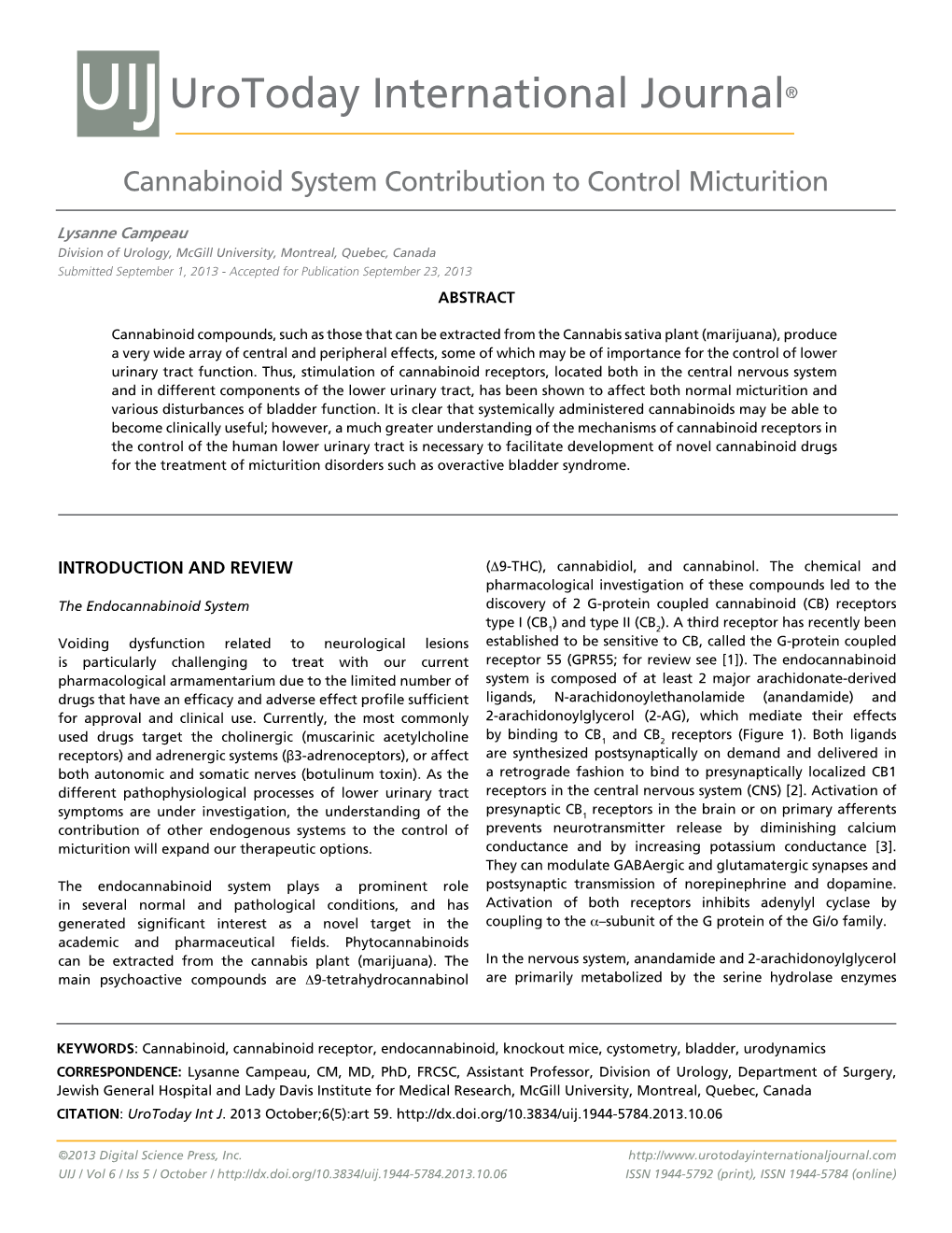 Urotoday International Journal® Cannabinoid System Contribution to Control Micturition