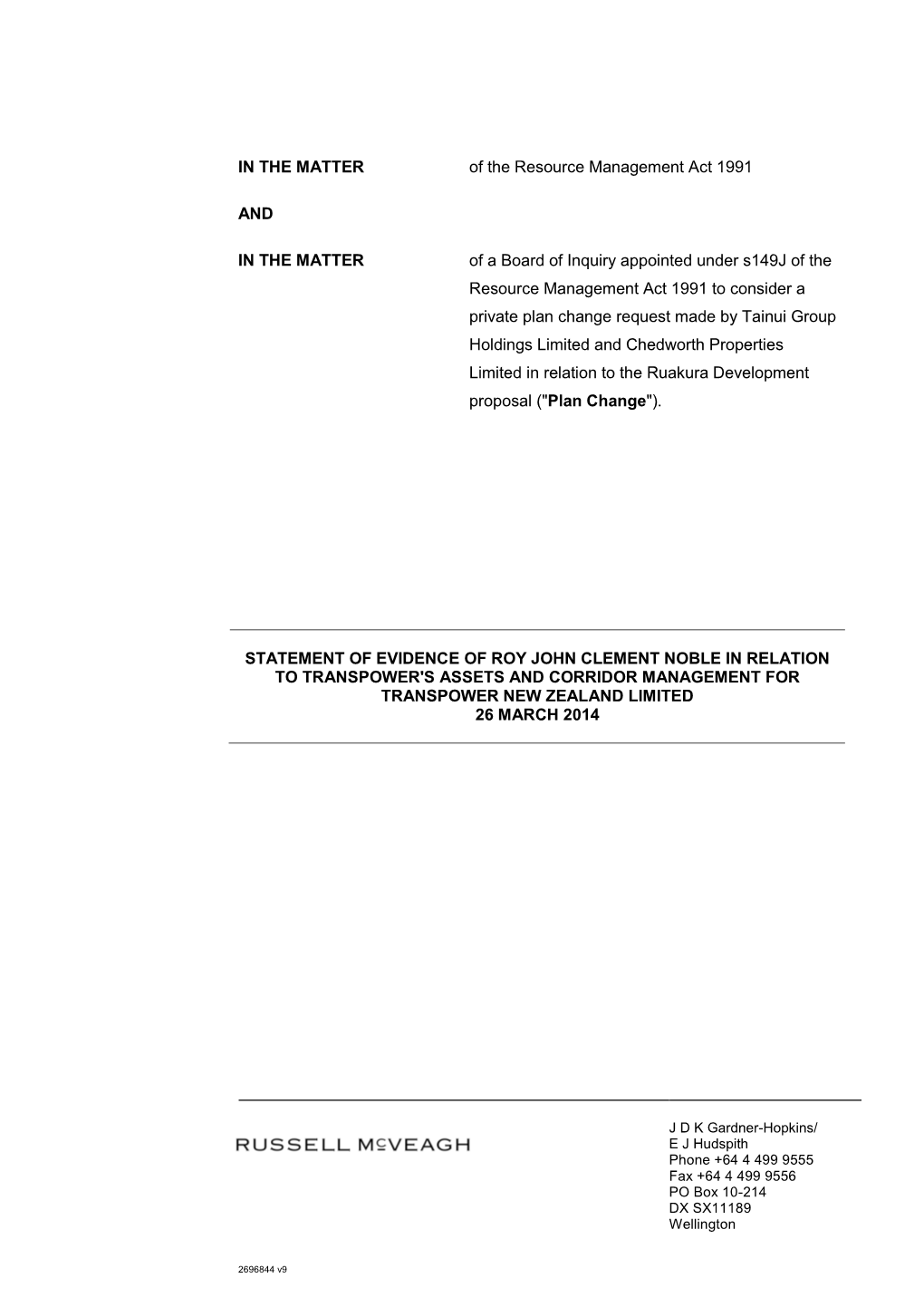 Statement of Evidence of Roy John Clement Noble in Relation to Transpower's Assets and Corridor Management for Transpower New Zealand Limited 26 March 2014