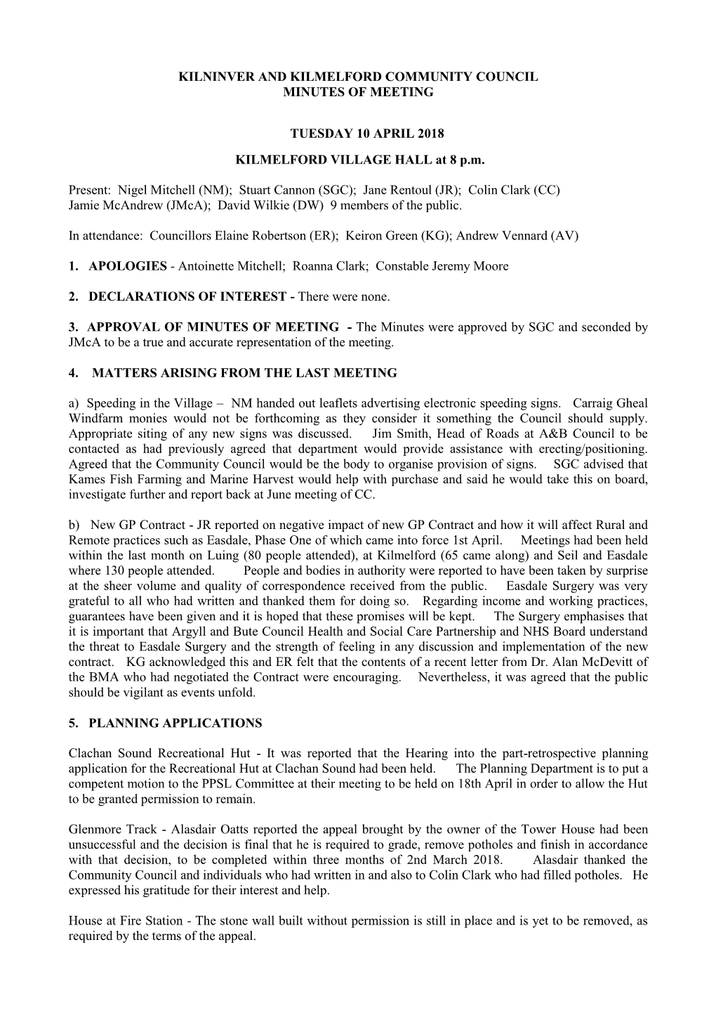 Kilninver and Kilmelford Community Council Minutes of Meeting