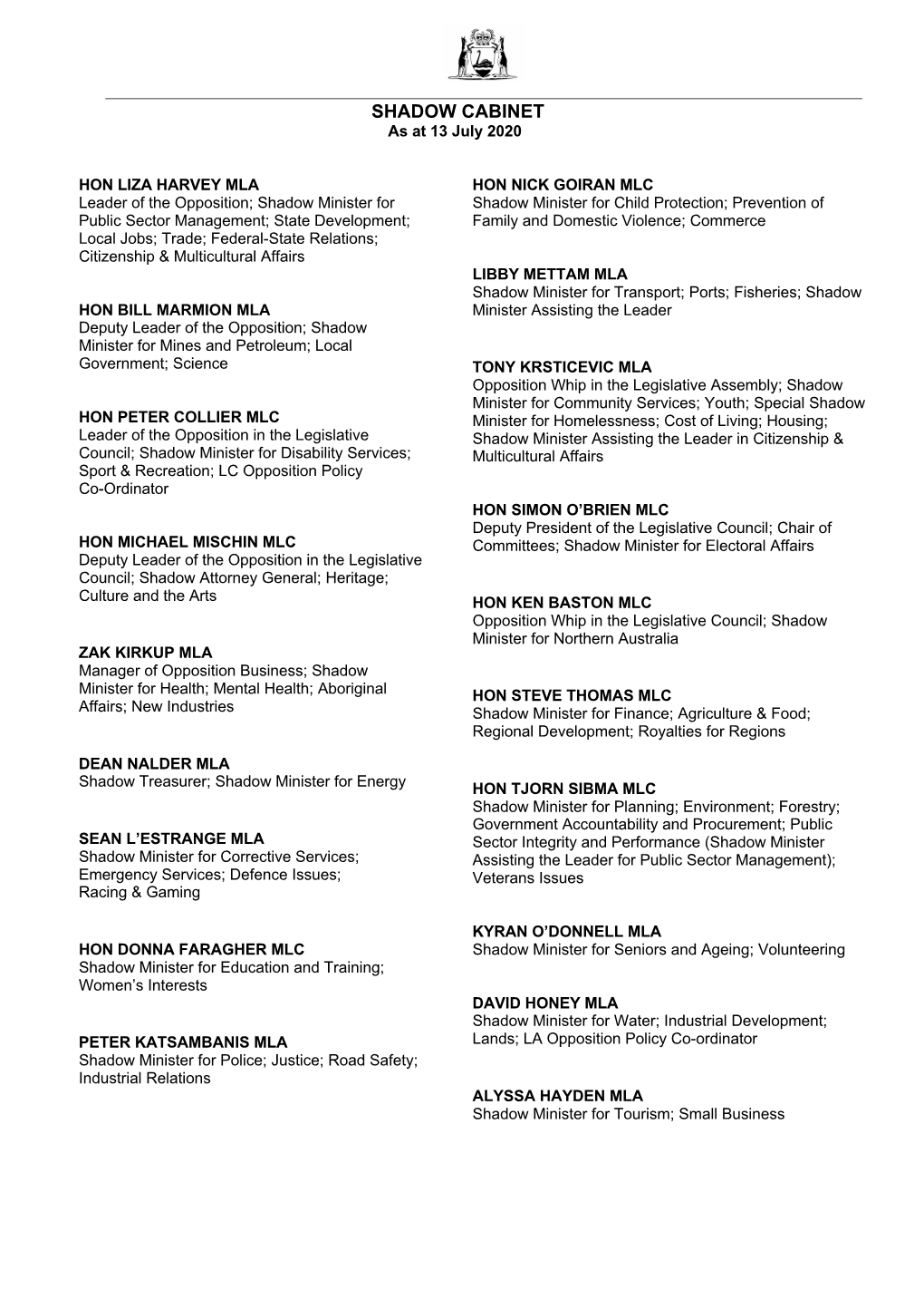 SHADOW CABINET As at 13 July 2020