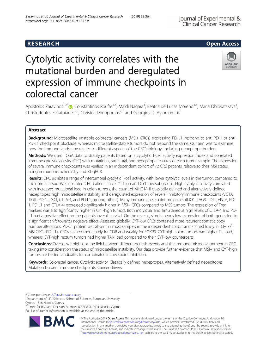 Cytolytic Activity Correlates with the Mutational Burden and Deregulated Expression of Immune Checkpoints in Colorectal Cancer